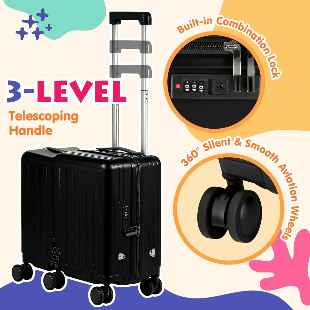 Nouveauté 2026 – Valise à roulettes Advwin pour enfants, avec sangle de traction, repose-pieds, porte-gobelet, 6 roues et poignée réglable, valise pivotante de 45,7 cm (18 pouces) avec autocollants et carte d'embarquement, rose