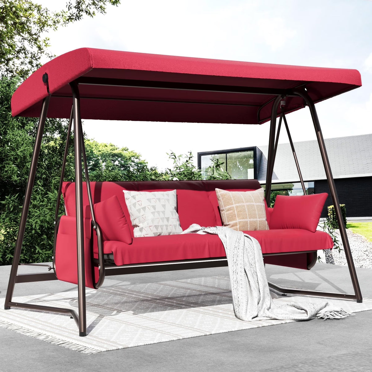 Nouveauté 2026 – Balancelle d'extérieur surdimensionnée 4 places TQKVIPI avec dossier réglable et auvent, convertible en lit suspendu 2 en 1 (capacité de 363 kg), avec coussins amovibles, idéale pour jardin, terrasse, piscine ou balcon