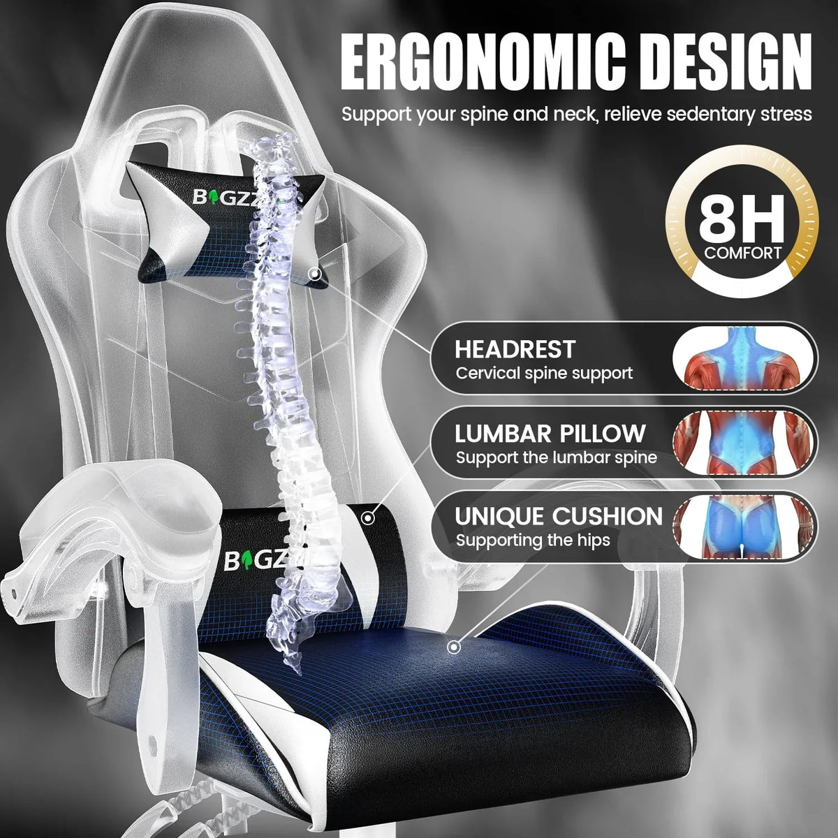 Nouveauté 2026 – Chaise de jeu Bigzzia , chaise de bureau ergonomique avec appui-tête et soutien lombaire réglables en hauteur, pour adultes et adolescents, noir et blanc