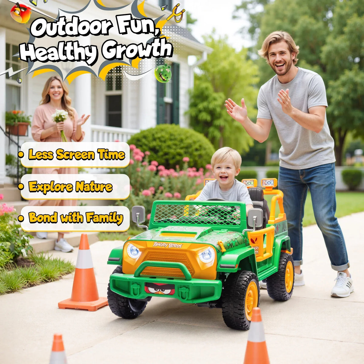Nouveauté 2026 – Joyracer , véhicule électrique 24 volts pour enfants de 3 à 8 ans, sous licence Angry Birds, avec télécommande, pelle, Bluetooth, phares et roues motorisées. Convient aux enfants jusqu'à 60 kg (130 lbs). Couleur verte