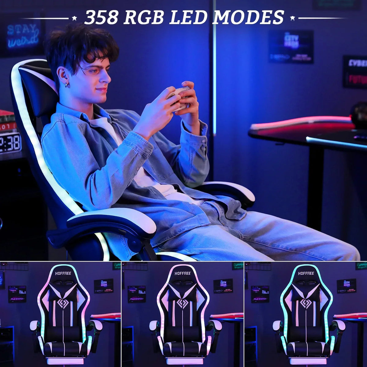 Nouveauté 2026 – Fauteuil de jeu Hoffree avec haut-parleurs intégrés, en cuir PU, repose-pieds et éclairage LED. Fauteuil ergonomique pour gamer avec massage, soutien lombaire et appui-tête pivotant et réglable. Idéal pour le télétravail et le bureau
