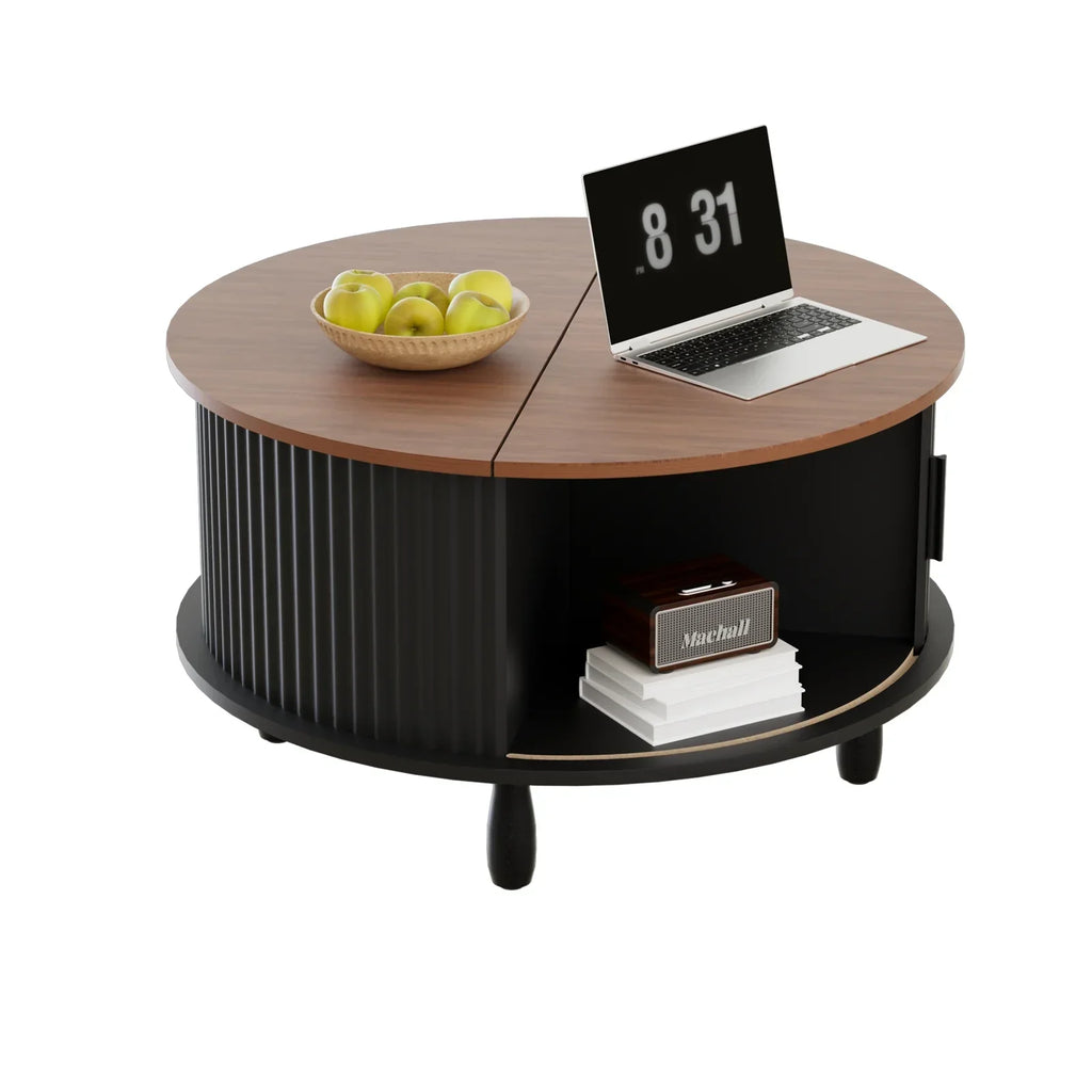 Nouveauté 2026 – Table basse ronde RUMLIVE avec rangement, table basse moderne de 78 cm avec porte coulissante incurvée à 360°, table basse en bois cannelé avec patins, table centrale ronde pour salon, noire