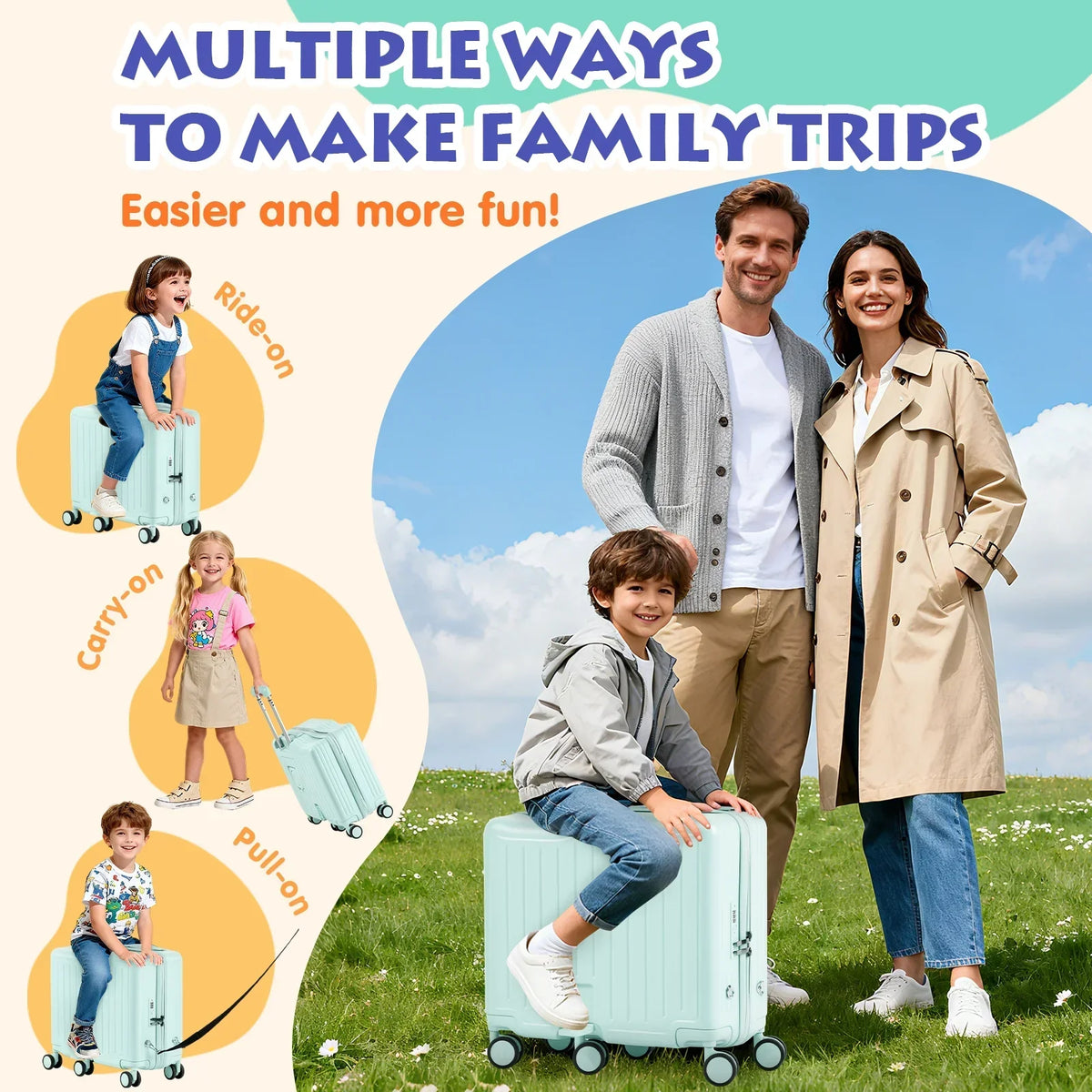Nouveauté 2026 – Valise à roulettes Advwin pour enfants, avec sangle de traction, repose-pieds, porte-gobelet, 6 roues et poignée réglable, valise pivotante de 45,7 cm (18 pouces) avec autocollants et carte d'embarquement, rose