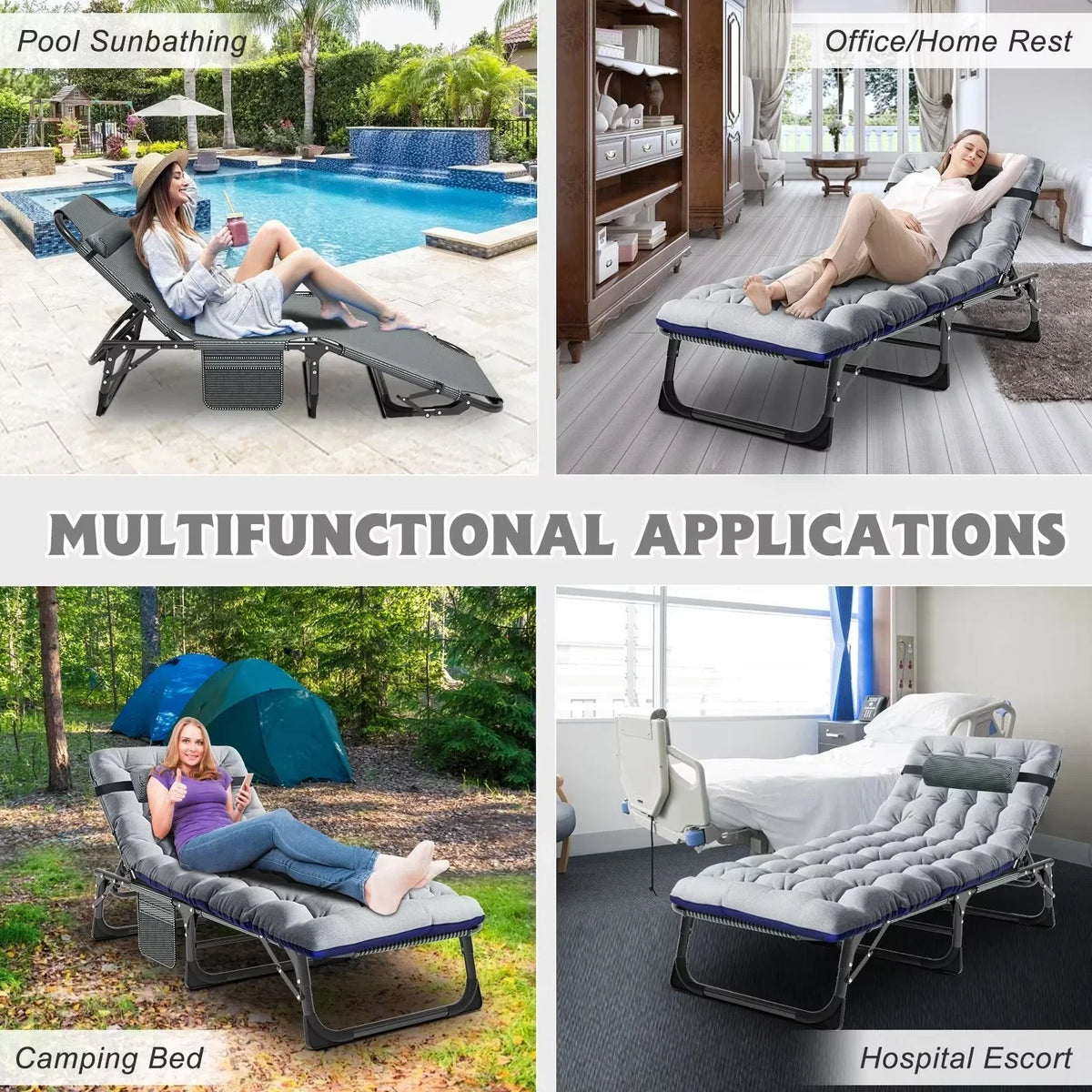 Nouveauté 2026 – Chaise longue MOPHOTO avec matelas, supportant jusqu'à 200 kg, lit de camp portable et robuste, réglable, idéal pour le camping, la piscine, la plage et la terrasse