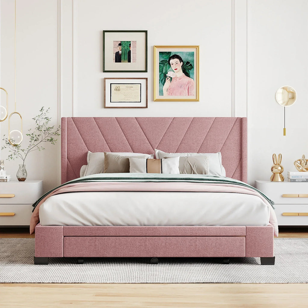 Nouveauté 2026 – Cadre de lit Queen Sesslife avec rangement, nouveau lit plateforme rembourré en lin amélioré avec 3 tiroirs, lit de rangement Queen avec tête de lit et lattes en bois, aucun sommier requis, supporte 227 kg, beige