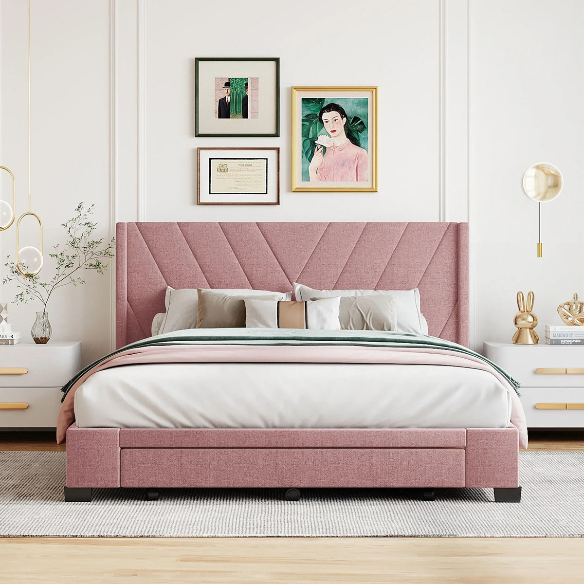 Nouveauté 2026 – Cadre de lit Queen Sesslife avec rangement, nouveau lit plateforme rembourré en lin amélioré avec 3 tiroirs, lit de rangement Queen avec tête de lit et lattes en bois, aucun sommier requis, supporte 227 kg, beige