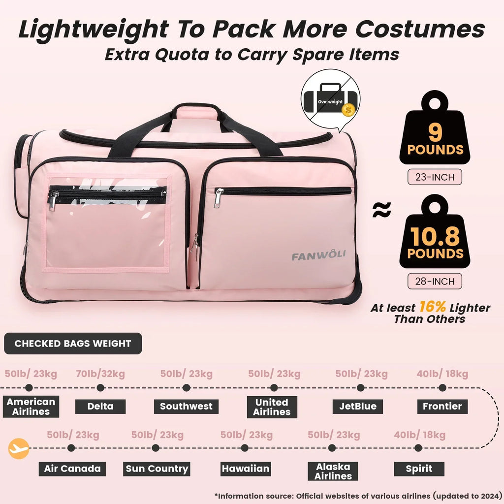 Nouveauté 2026 – Sac de danse Fegat avec portant - Sac de danse pliable à roulettes de 71 cm (28 pouces) pour compétitions, danse, spectacles, streamers et athlètes. Valise légère à roulettes