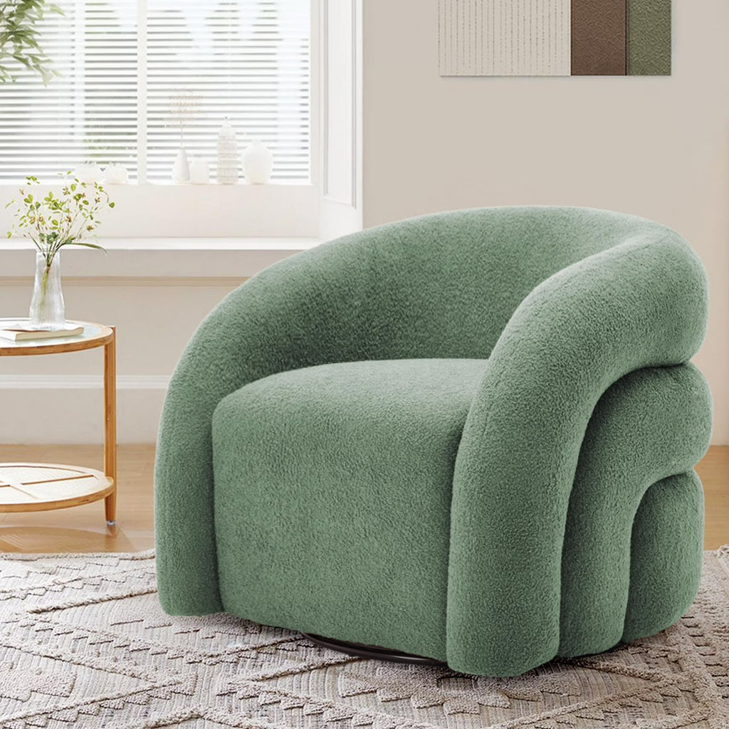 Nouveauté 2026 – Fauteuil pivotant 360" pour salon, fauteuil tonneau bouclé, canapé une place, fauteuil de lecture, vert sauge