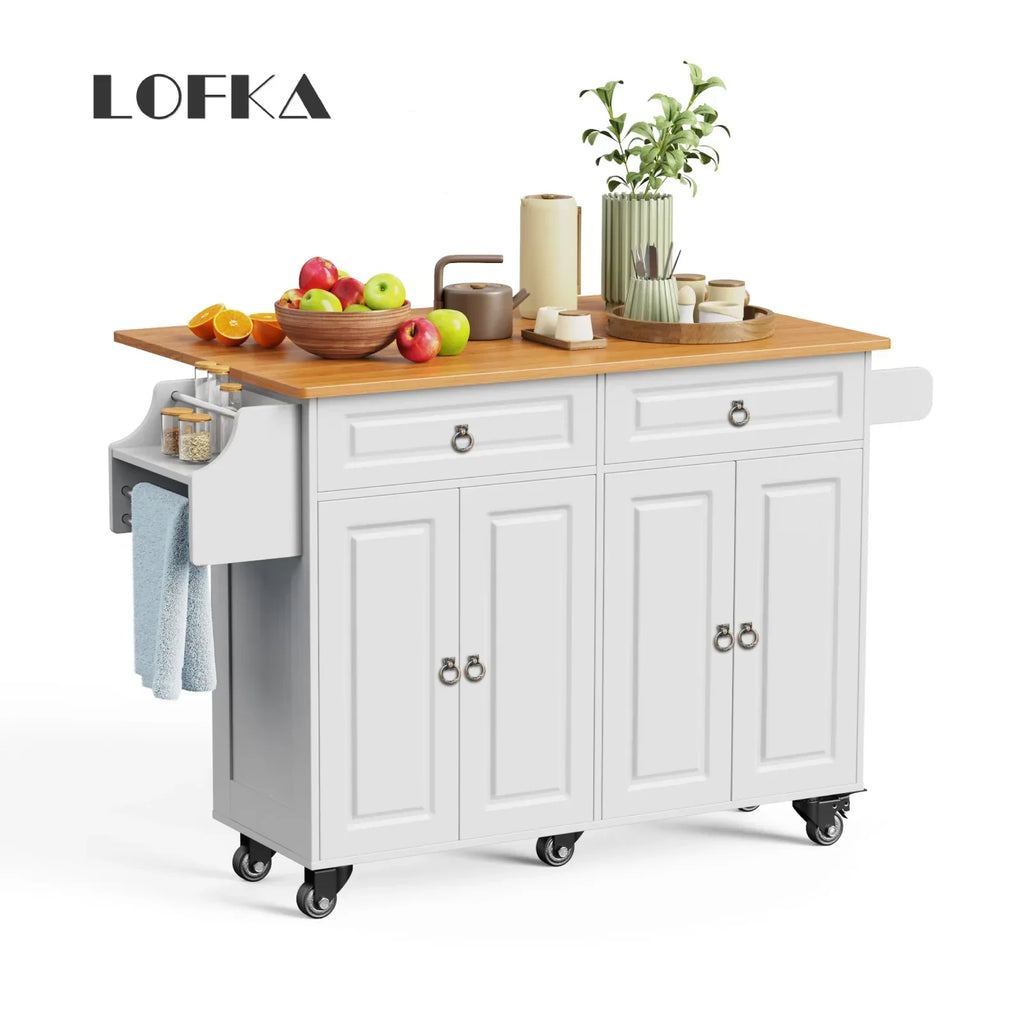 Nouveauté 2026 – Îlot de cuisine Lofka 52 pouces (132 cm) avec rangement sur roulettes et abattant en bois, idéal pour les petites cuisines