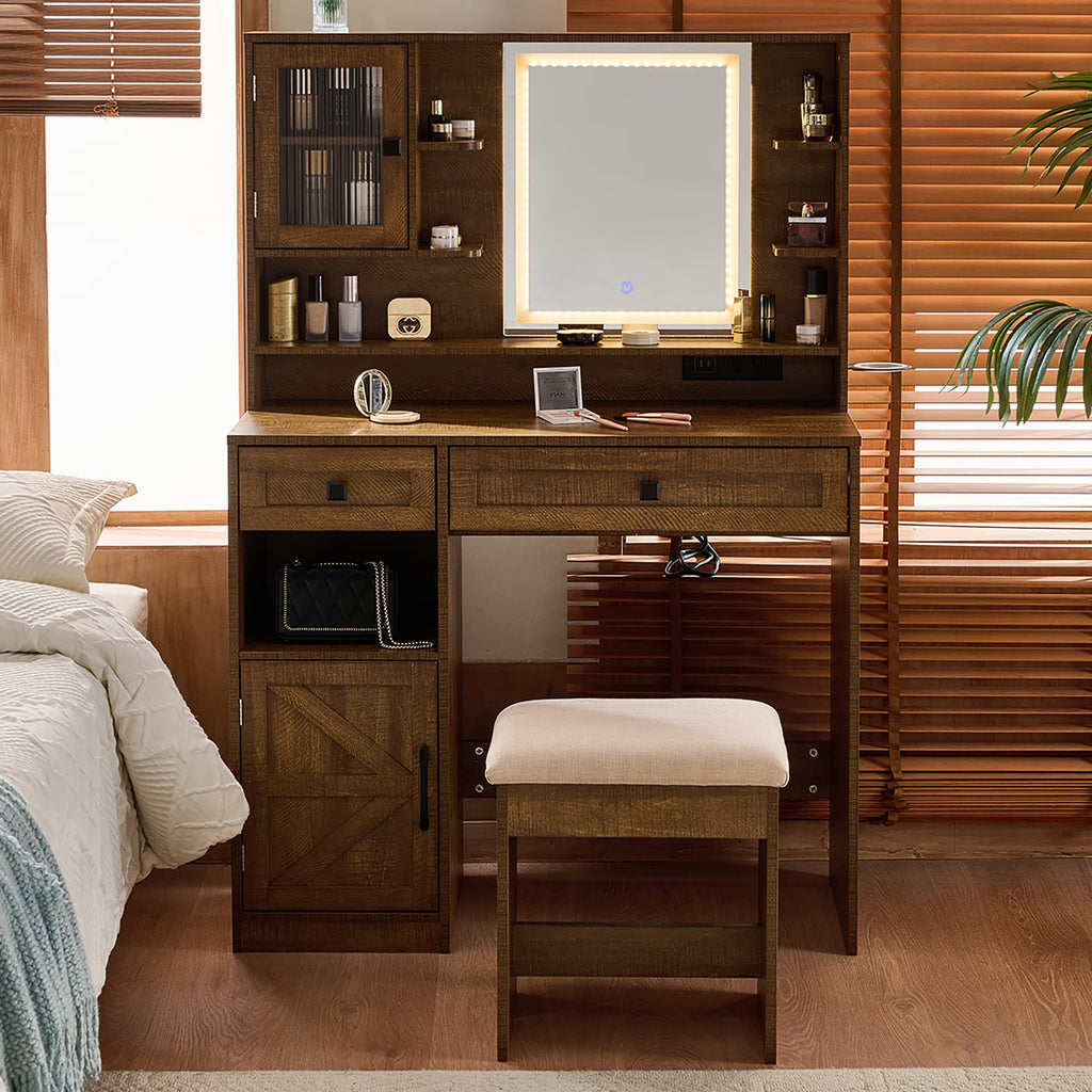Nouveauté 2026 – Coiffeuse Farmhouse avec miroir et éclairage, ensemble coiffeuse avec station de charge et tabouret, tiroirs, étagères et armoire latérale, blanc