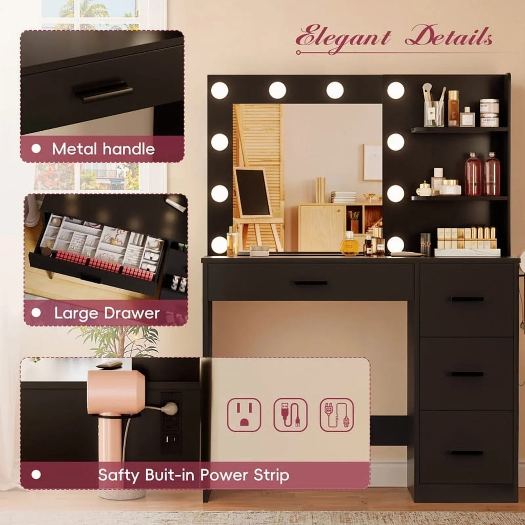Nouveauté 2026 – Coiffeuse Lacoo avec miroir et éclairage LED, meuble de maquillage avec 7 tiroirs et 4 étagères, table de toilette avec prise électrique pour chambre ou dressing, blanche
