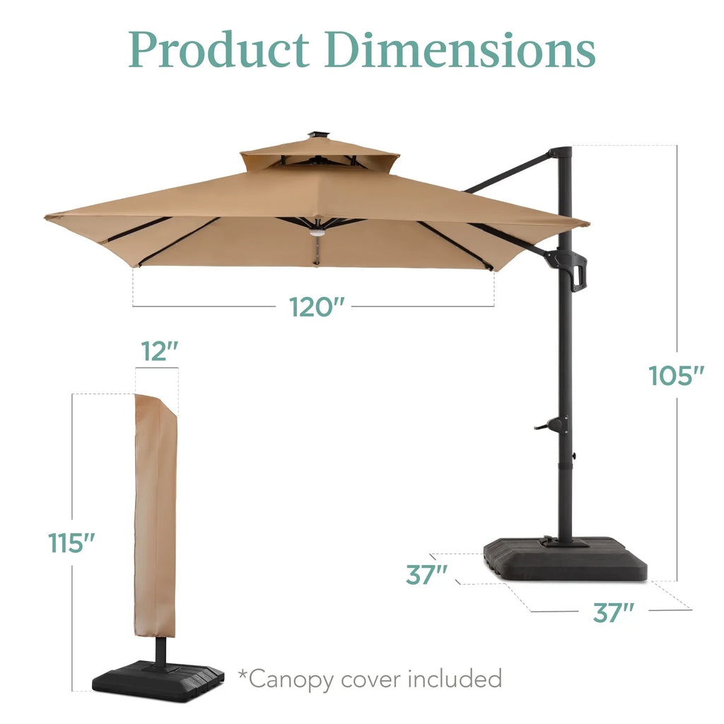Nouveauté 2026 – Parasol de terrasse carré déporté à deux niveaux, 3 x 3 m, à éclairage solaire LED, avec base incluse (Best Choice Products, ) - Beige