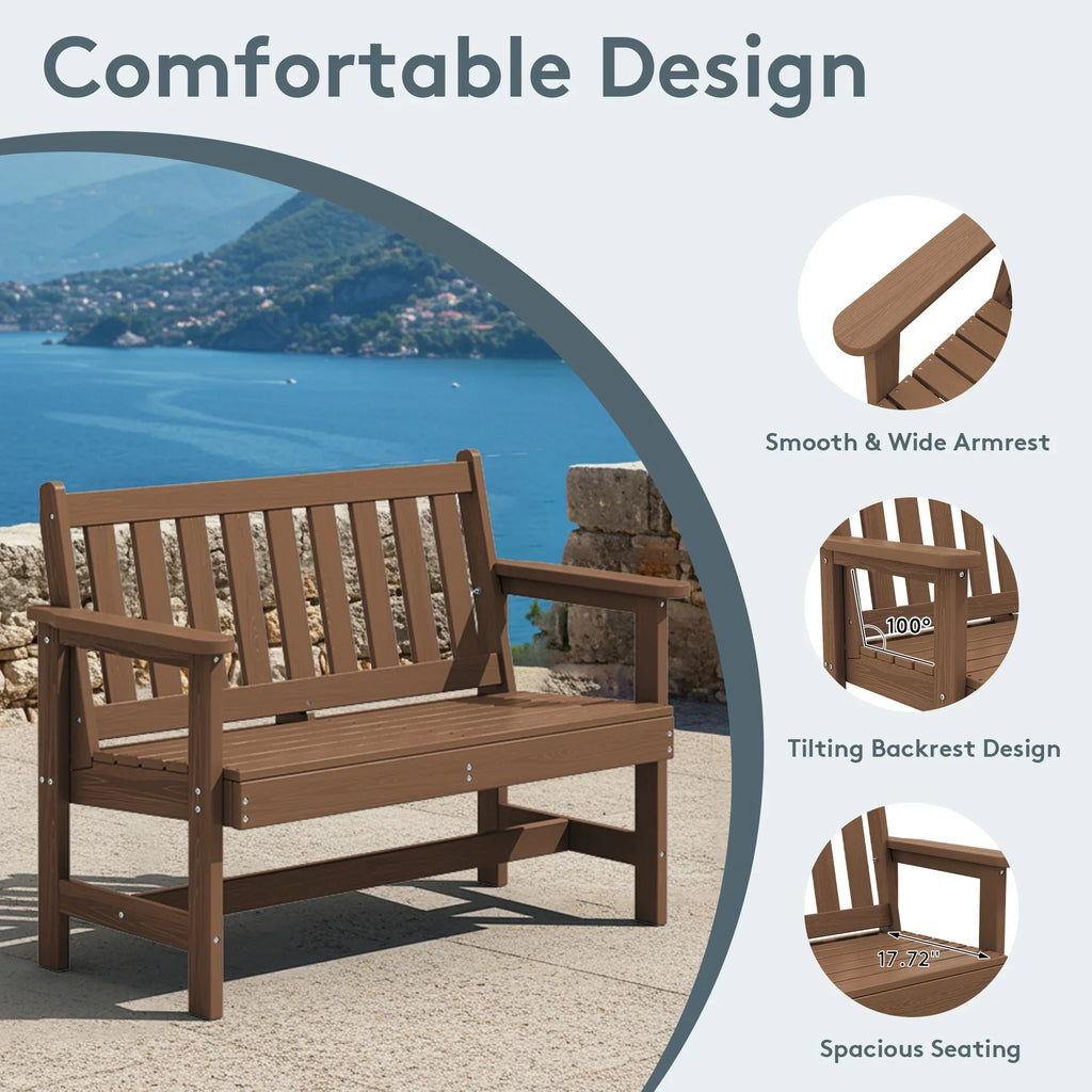 Nouveauté 2026 – Banc d'extérieur SERWALL pour 2 personnes, en PEHD résistant aux intempéries avec renforts en aluminium, supporte jusqu'à 300 kg, confortable pour terrasse, jardin et véranda, noir