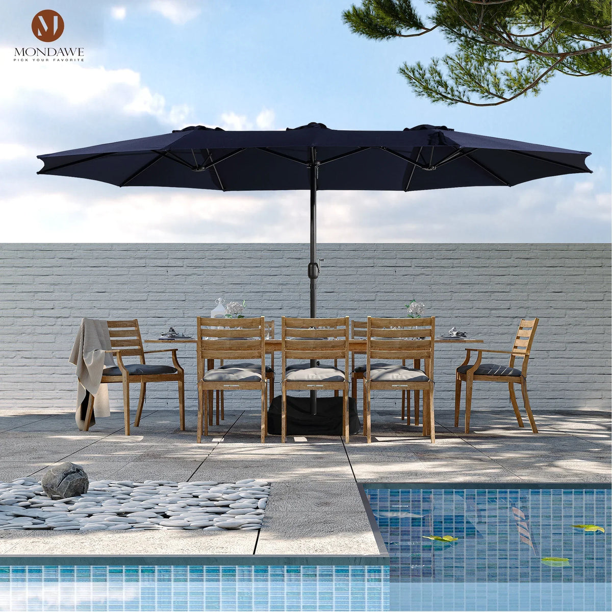 Nouveauté 2026 – Parasol rectangulaire Mondawe 4,57 m (15 pi) avec base et éclairage LED beige