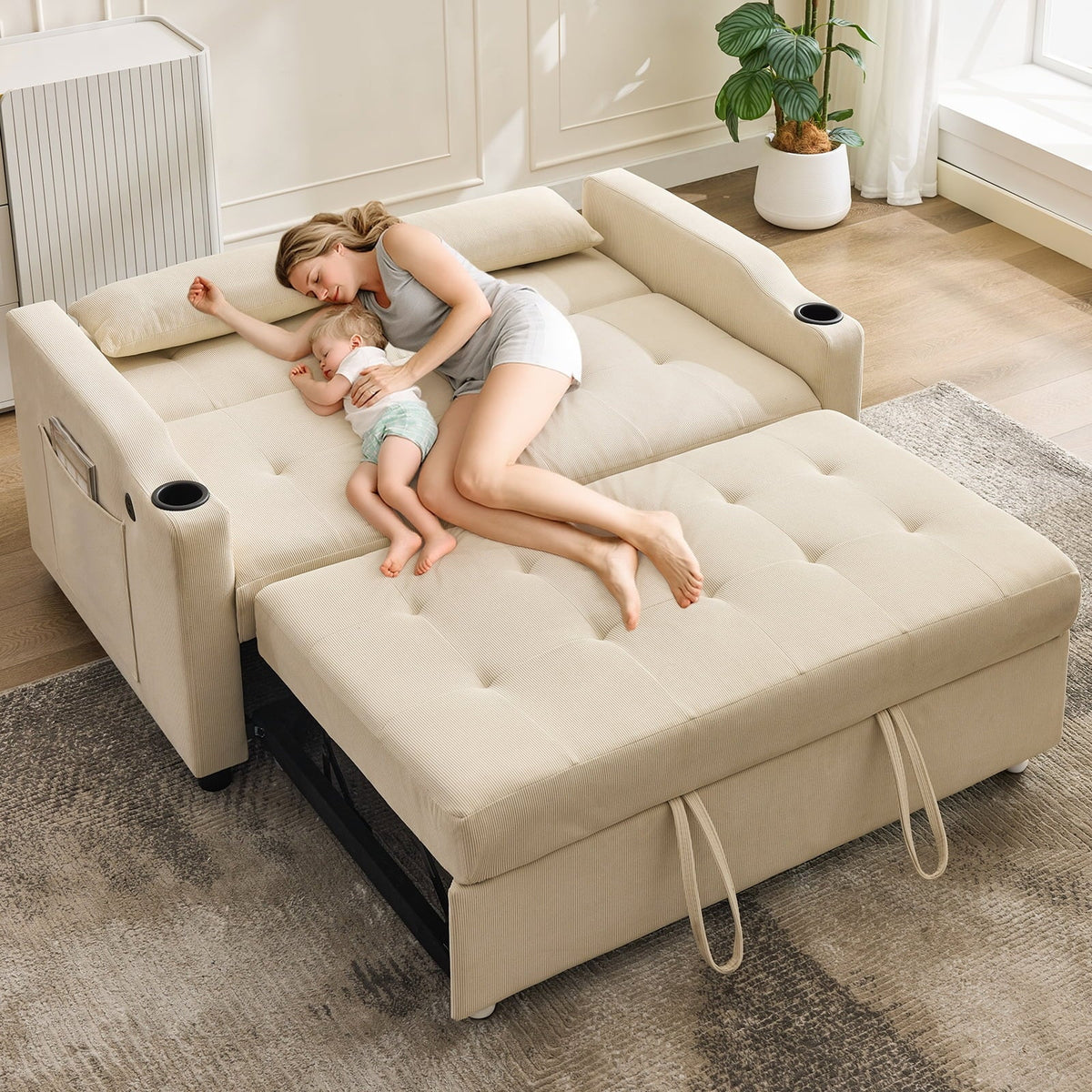 Nouveauté 2026 – Canapé-lit convertible 3 en 1, modèle , en velours côtelé avec lit gigogne, dossier réglable, port de chargement et poches latérales. Canapé moderne et capitonné pour salon ou chambre d'amis
