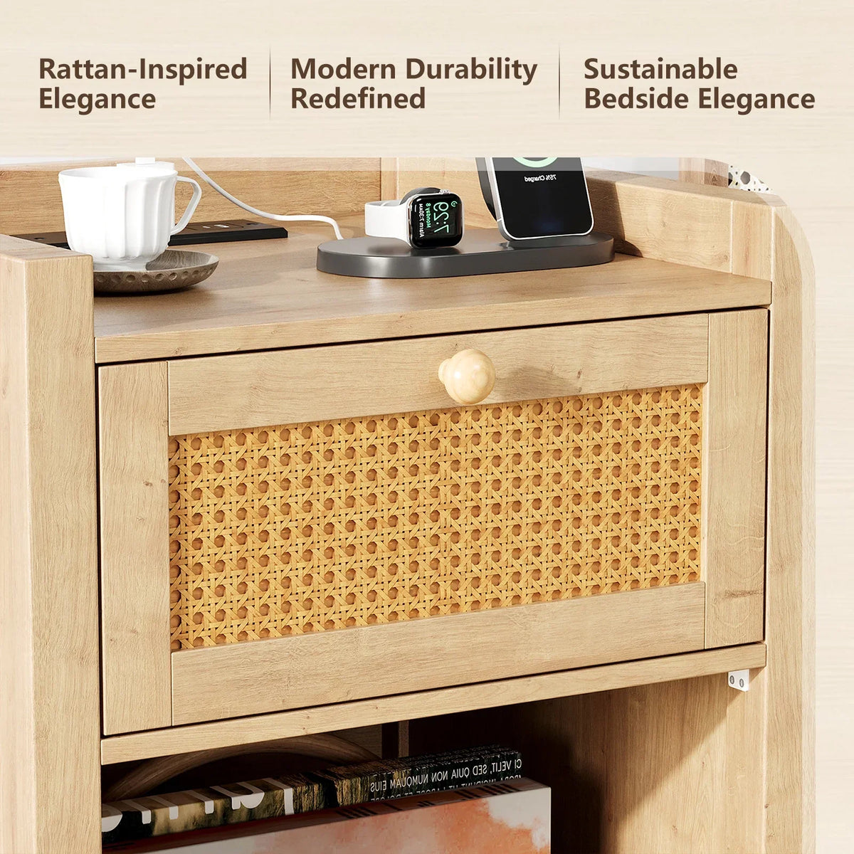 Nouveauté 2026 – Ensemble de 2 tables de chevet LGHM avec station de charge, style campagnard, avec tiroir, style bohème, pour chambre ou salon, en chêne