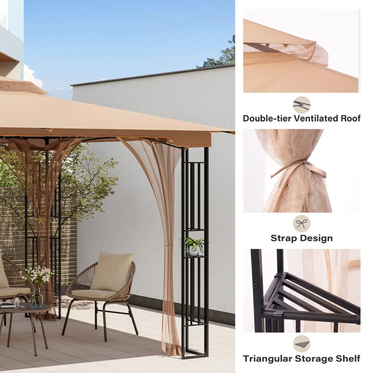 Nouveauté 2026 – LAUSAINT HOME Pavillon de patio 13'x11', Pavillon robuste avec double toit et moustiquaires pour jardin, pelouse, (Kaki