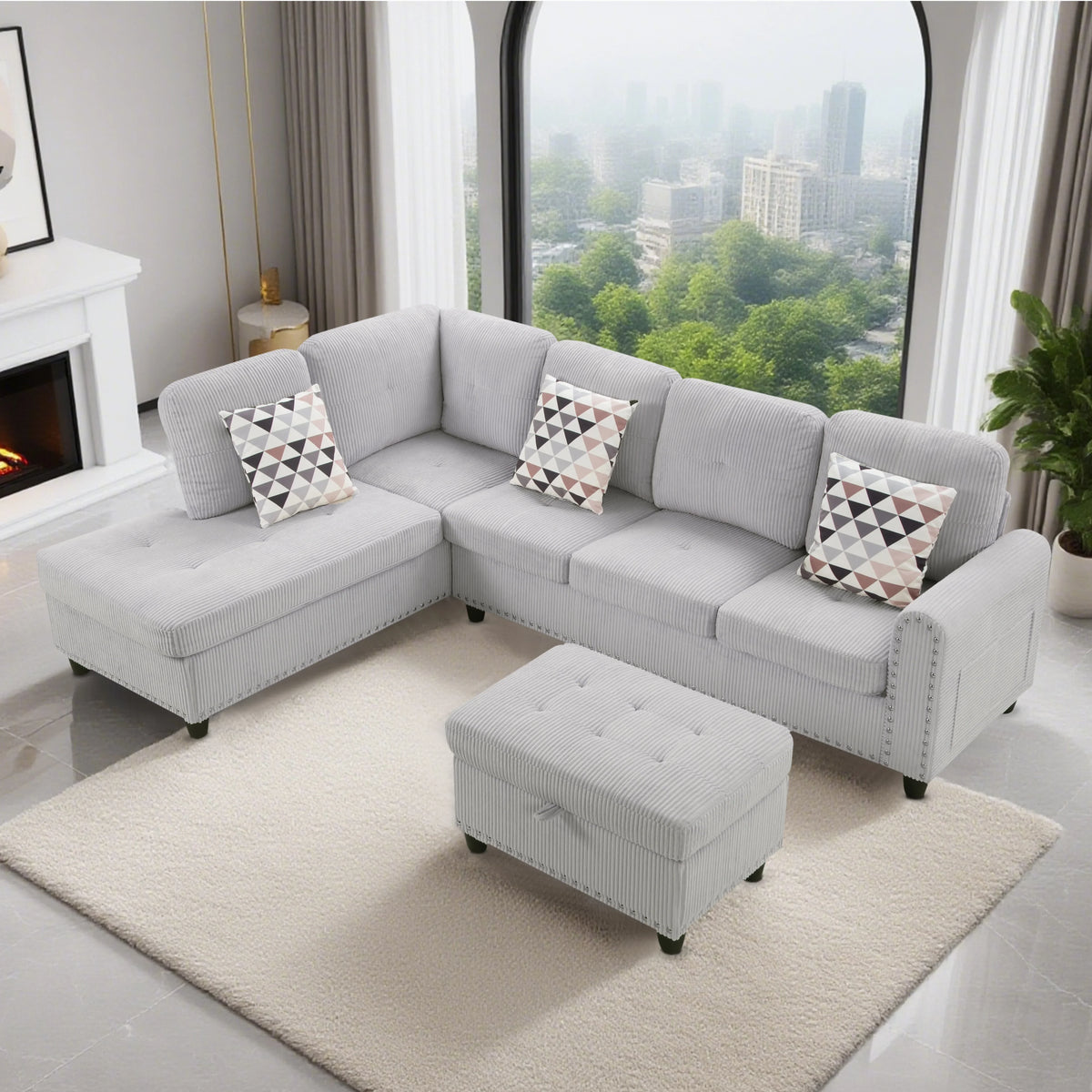 Nouveauté 2026 – Canapé d'angle modulaire AENKYO , 241 cm (95 po), en velours côtelé, avec pouf et porte-gobelets – Idéal pour les appartements et les salons – Gris clair