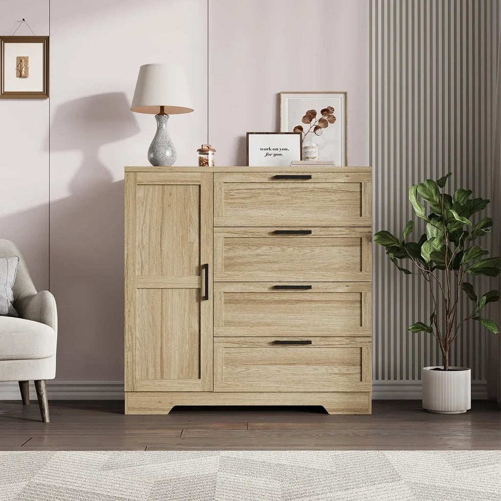 Nouveauté 2026 – Armoire-penderie en bois Ataucjin avec 4 tiroirs et une porte, hauteur 110 cm (43,3 po), avec tringle, rangement pour vêtements, commode à 4 tiroirs avec placard de rangement