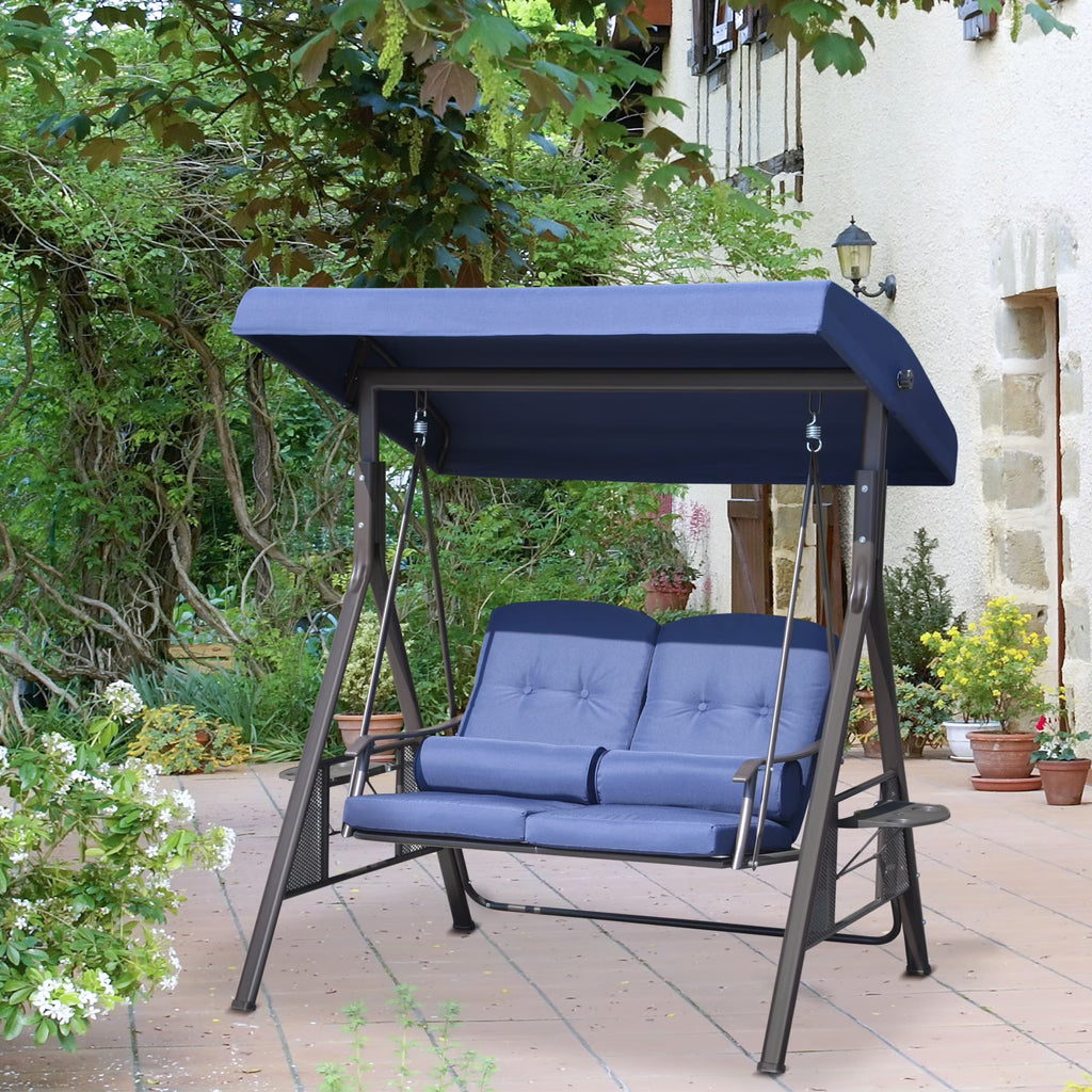 Nouveauté 2026 – Balancelle de patio Outsunny 2 places pour 2 personnes avec auvent réglable, coussins moelleux, coussins décoratifs et plateau, beige