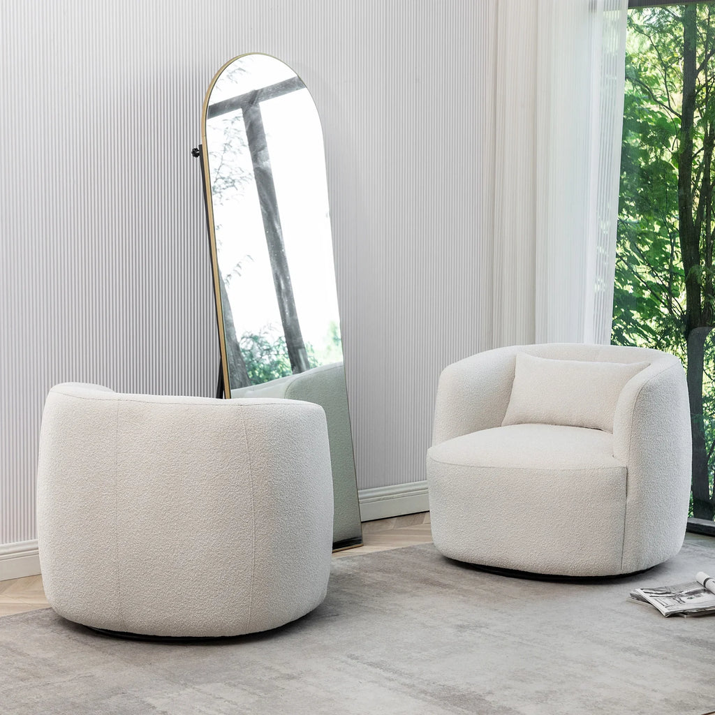 Nouveauté 2026 – Fauteuil pivotant rond 34" en bouclette de 86 cm de large, sans assemblage, avec coussin décoratif, idéal pour le salon et la chambre, couleur taupe