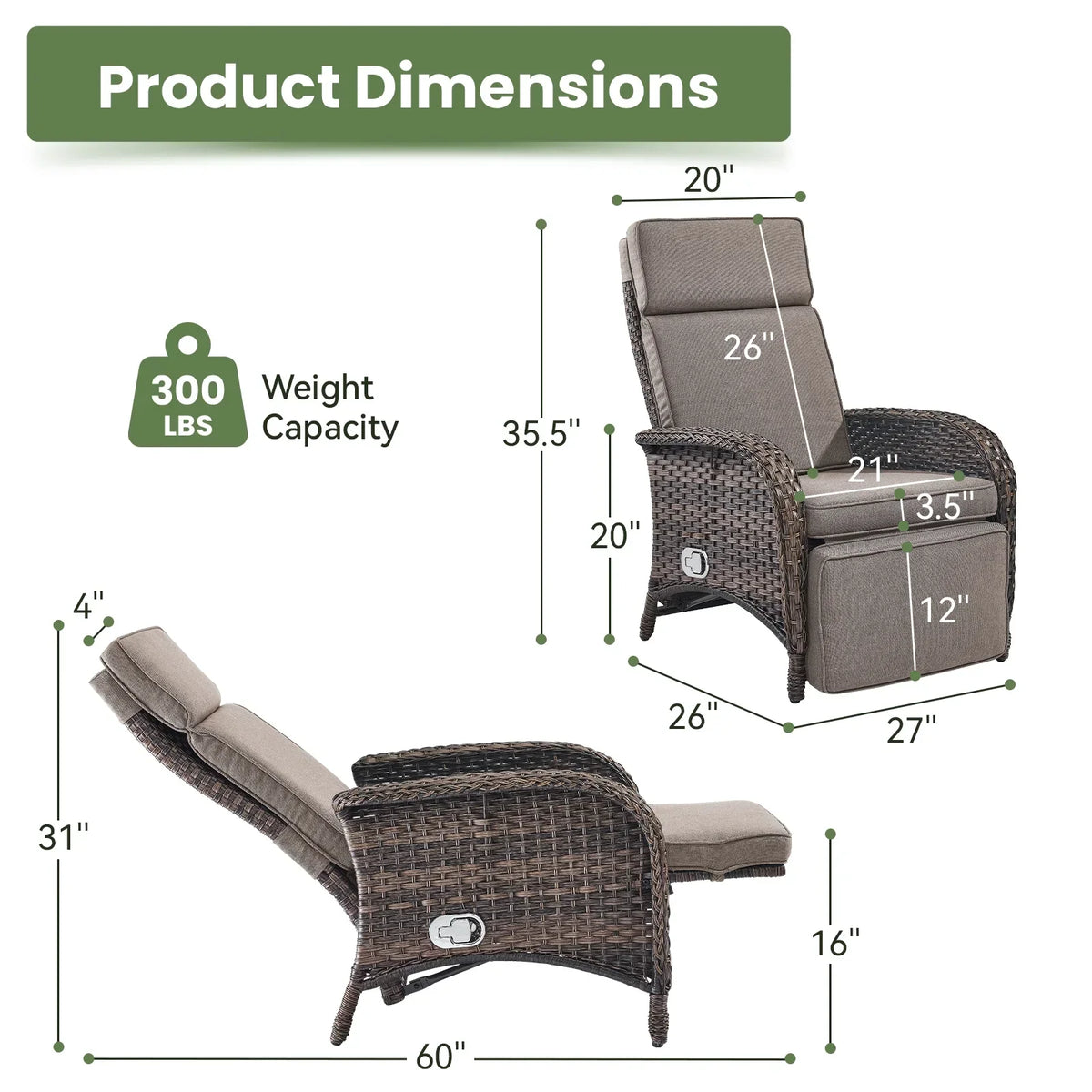 Nouveauté 2026 – Fauteuil inclinable d'extérieur OPOHORO , chaise longue de patio inclinable réglable avec coussin, en osier, avec dossier et repose-pieds réglables, idéal pour le bord de la piscine, beige