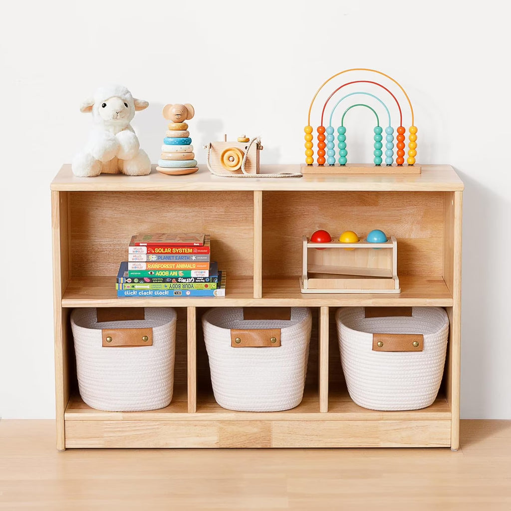 Nouveauté 2026 – Étagère Montessori 5 compartiments en bois d'hévéa Rubber , bibliothèque pour tout-petits de 90 cm de long, armoire de rangement en bois à 2 niveaux, organisateur pour salle de classe, salle de jeux, garderie et école maternelle