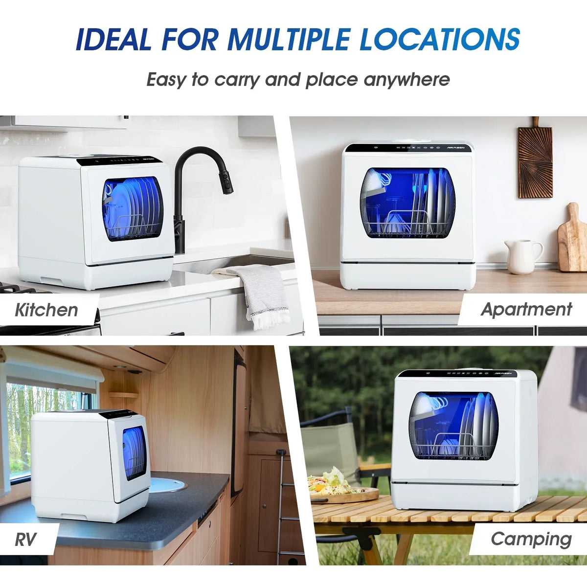 Nouveauté 2026 – Lave-vaisselle portable de comptoir AIRMSEN avec réservoir d'eau intégré de 5 litres et fonction de séchage à l'air, 5 programmes de lavage, mini lave-vaisselle, AE-TDQR03