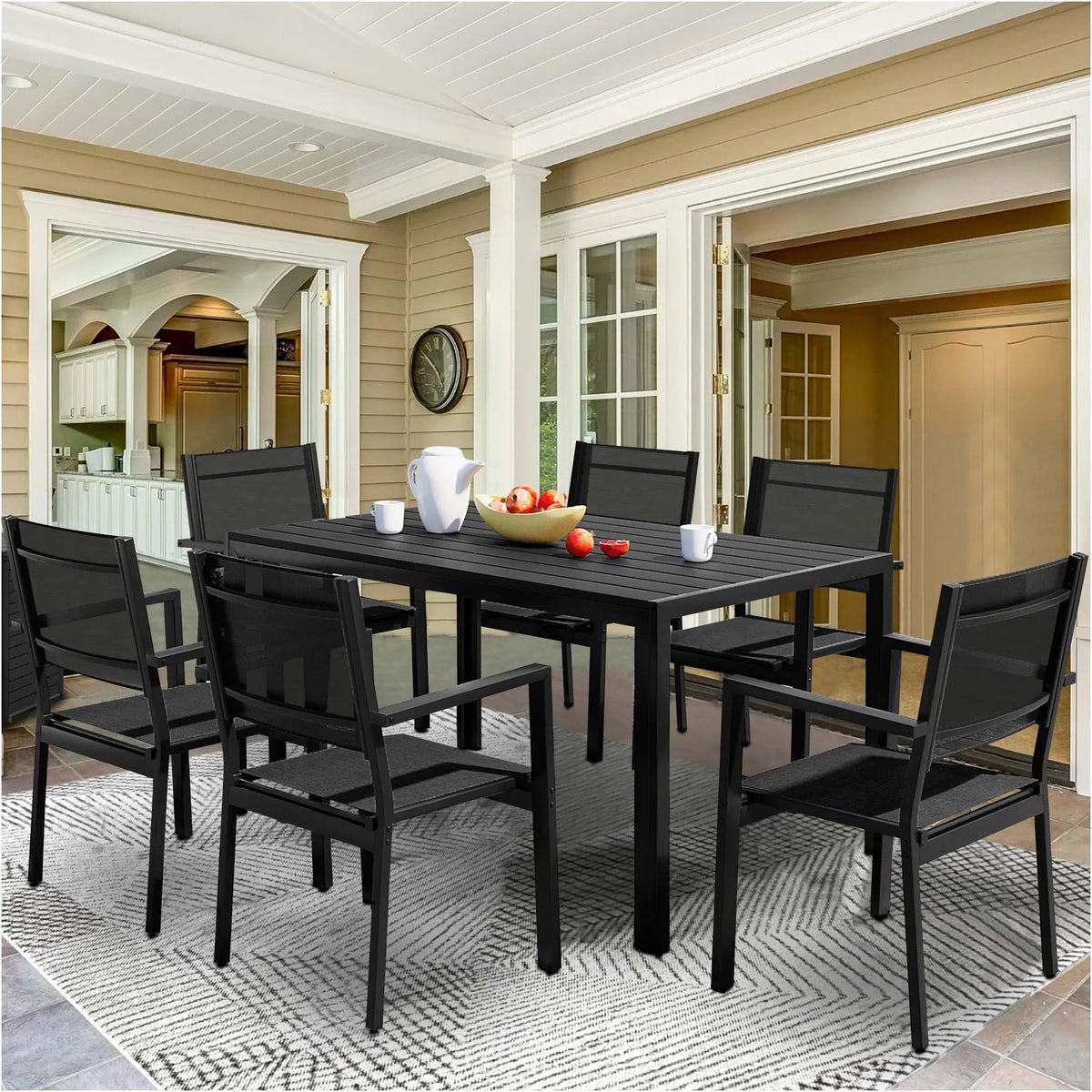 Nouveauté 2026 – Ensemble de salle à manger d'extérieur 7 pièces , comprenant une table et des chaises pour 6 personnes, un plateau en plastique imitation bois et un mobilier de jardin en textilène. Idéal pour terrasse ou patio