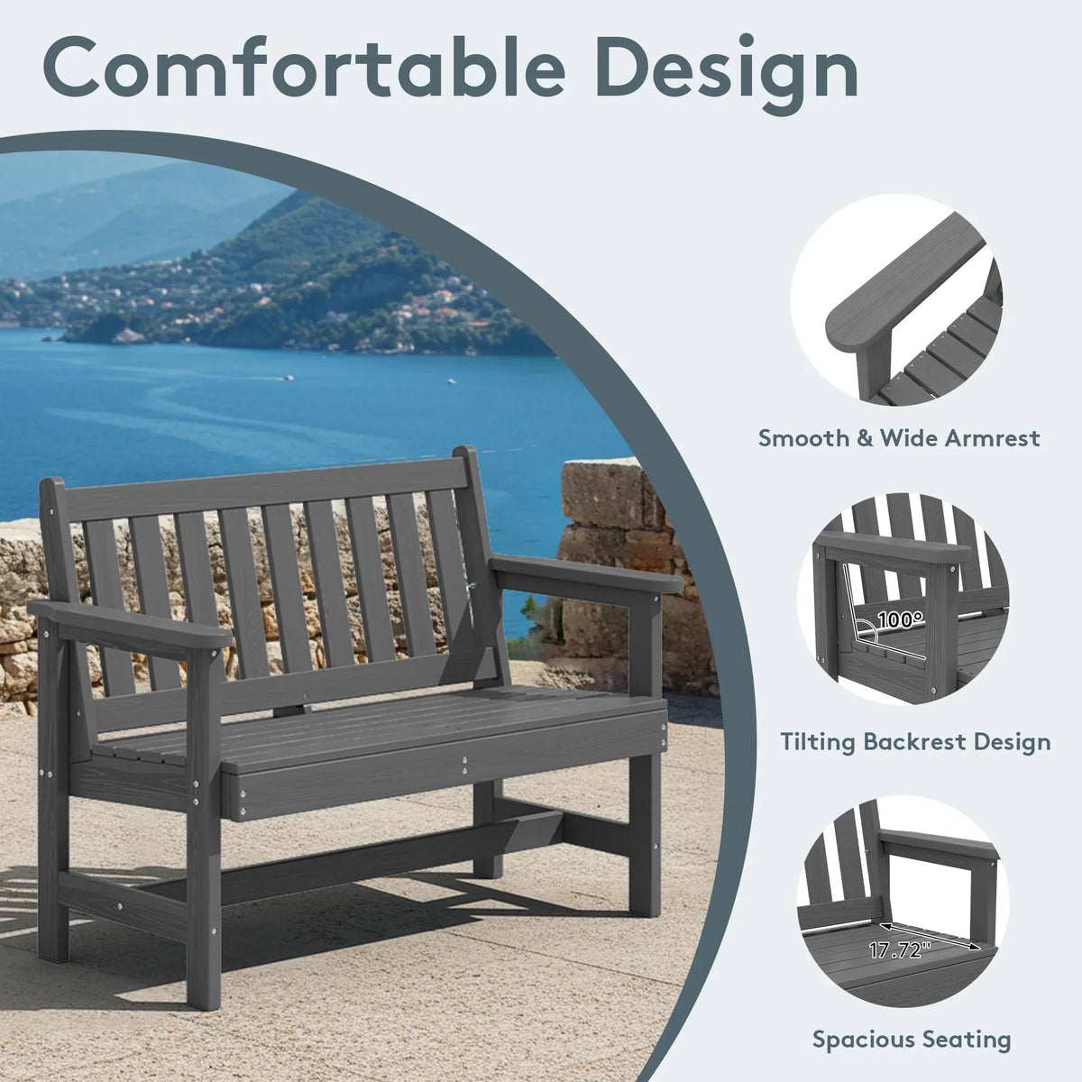 Nouveauté 2026 – Banc d'extérieur SERWALL pour 2 personnes, en PEHD résistant aux intempéries avec renforts en aluminium, supporte jusqu'à 300 kg, confortable pour terrasse, jardin et véranda, noir