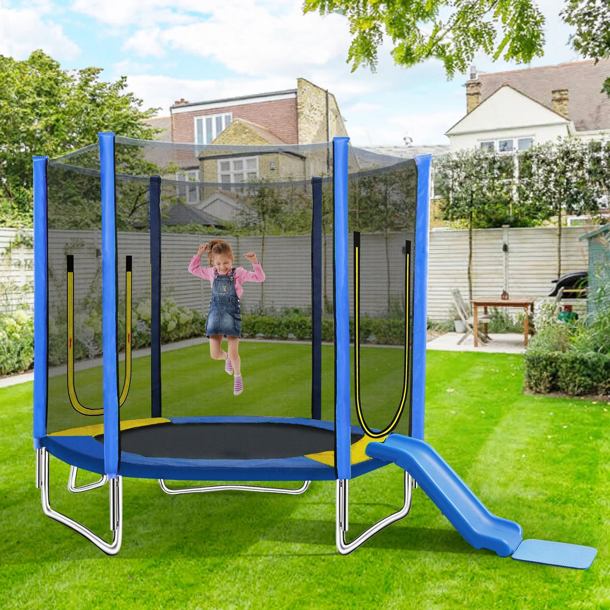 Nouveauté 2026 – Trampoline FT pour enfants, trampoline de loisirs d'extérieur avec filet de sécurité, bleu