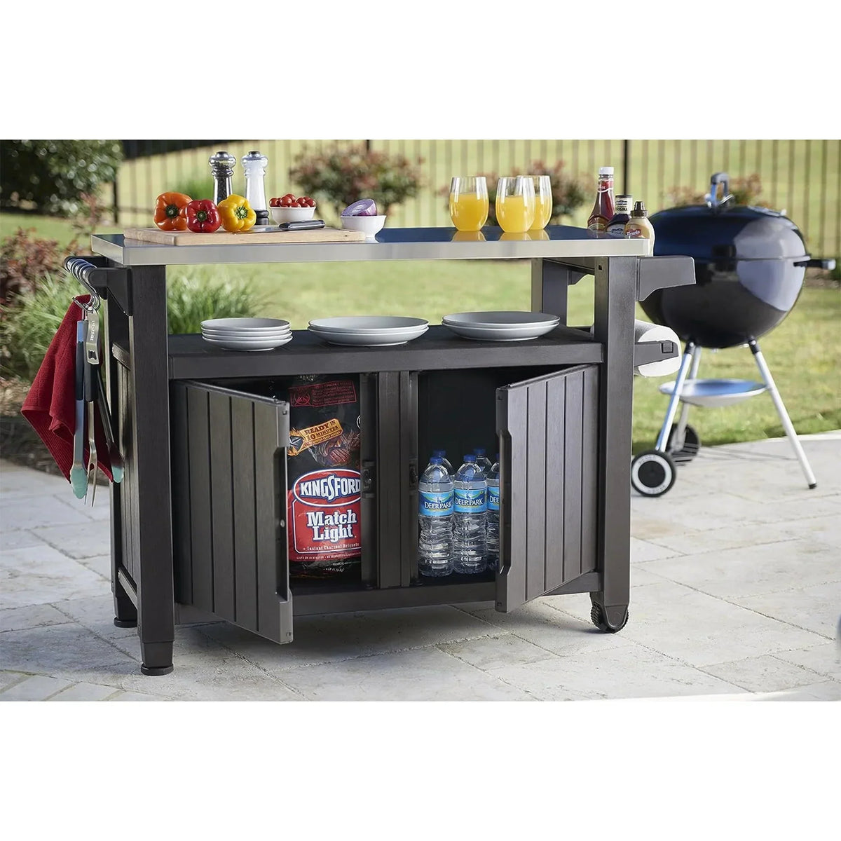 Nouveauté 2026 – Chariot de bar de cuisine extérieure Keter Unity XL avec armoire de rangement, marron