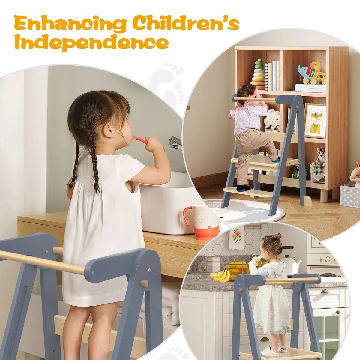 Nouveauté 2026 – Marchepied de cuisine JOZ pour tout-petits, tabouret d'apprentissage Montessori, tour pliable pour le comptoir, aide à la station debout pour les enfants, 3 hauteurs réglables, en bois, blanc