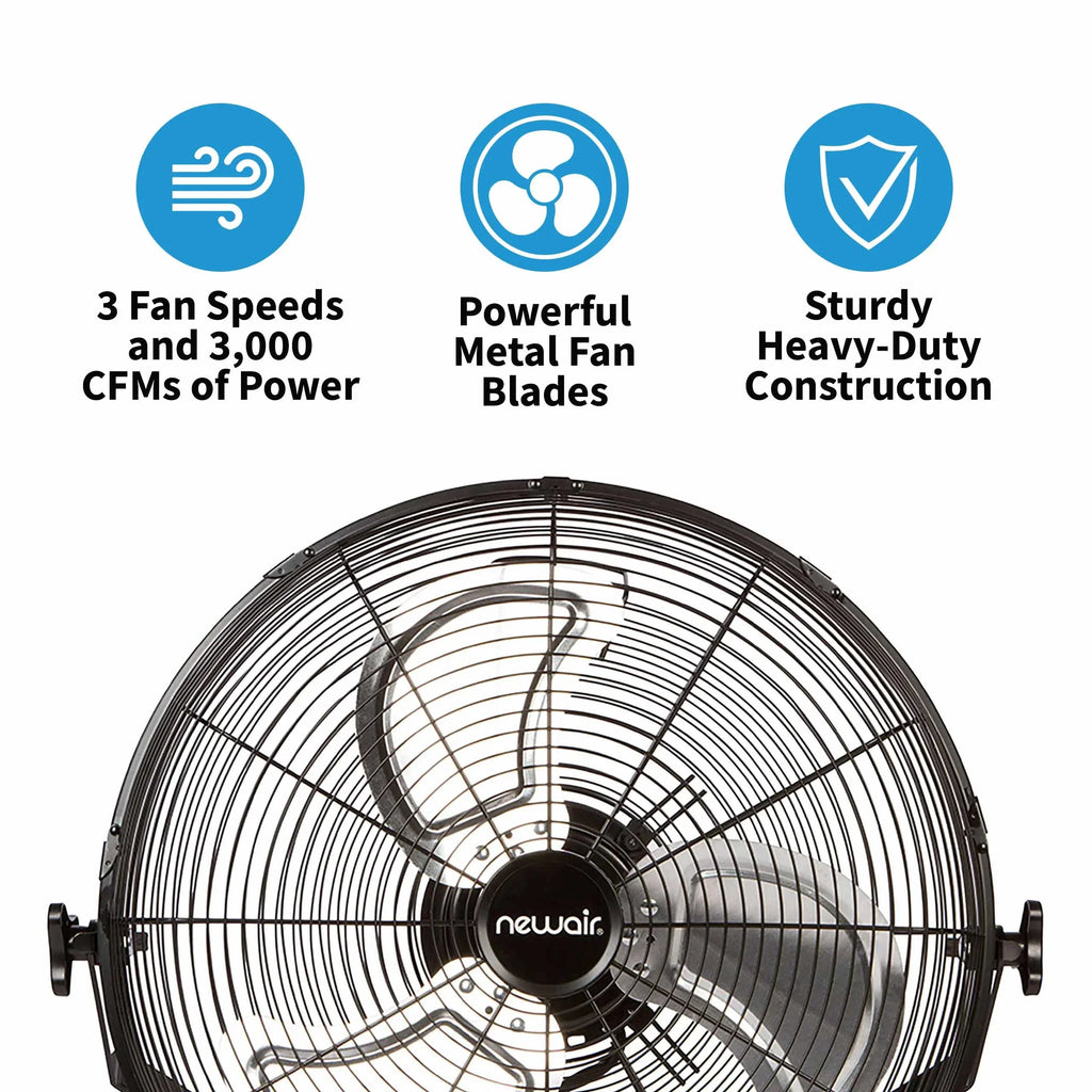 Nouveauté 2026 – Ventilateur de sol industriel haute vitesse Newair 18" , robuste, en métal, inclinaison réglable, 3 vitesses jusqu'à 4012 CFM, interrupteur rotatif