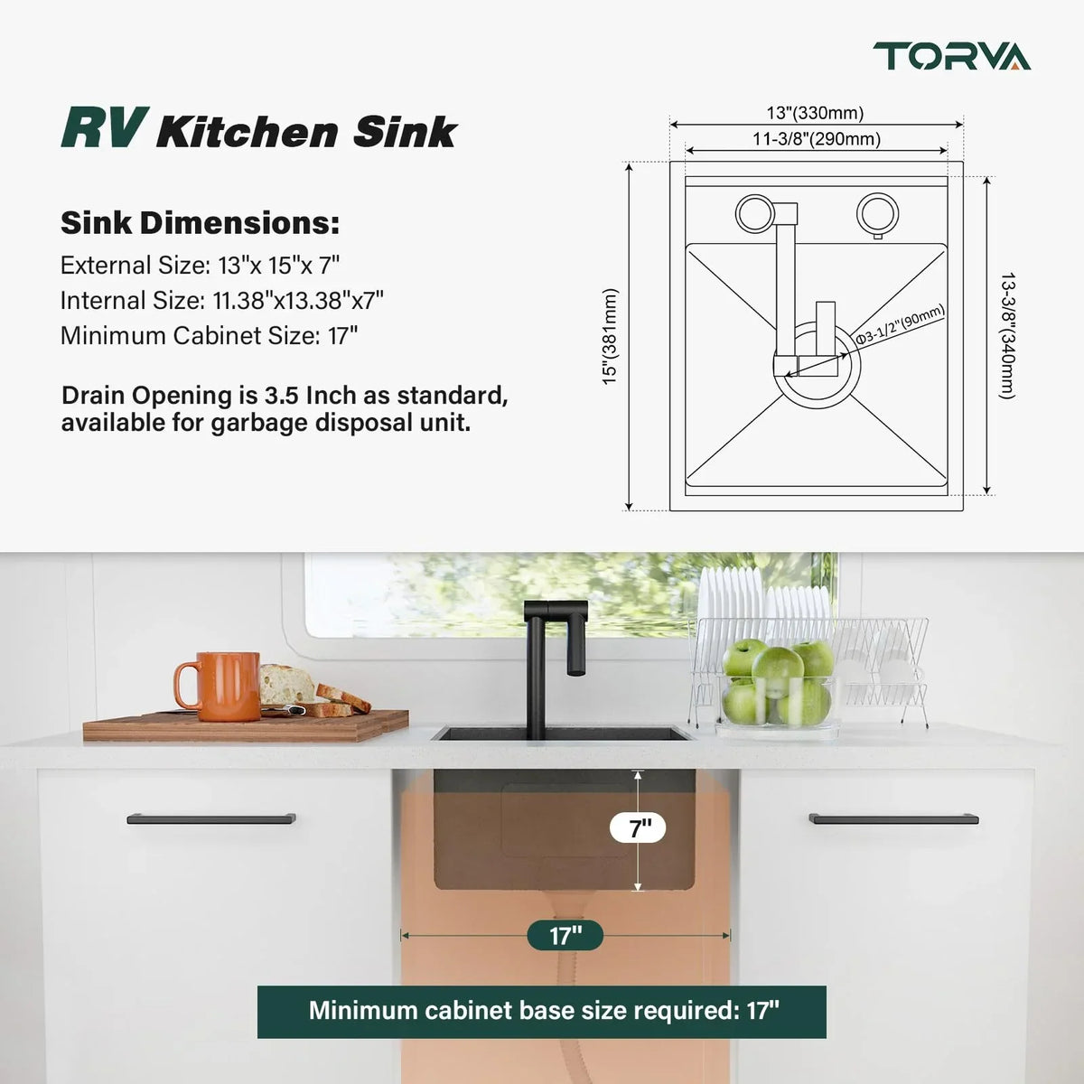 Nouveauté 2026 – Évier de cuisine pour VR TORVA , 33 x 38 x 18 cm, encastré sous plan, en acier inoxydable de calibre 16, à une cuve, avec robinet pliable et planche à découper, gris foncé