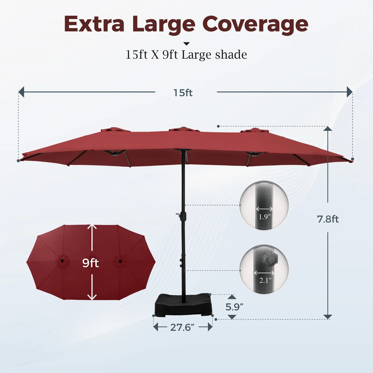 Nouveauté 2026 – Parasol de jardin extra-large Alpha Joy 4,57 m (15 pi) à double face avec manivelle et base - Gris fumé