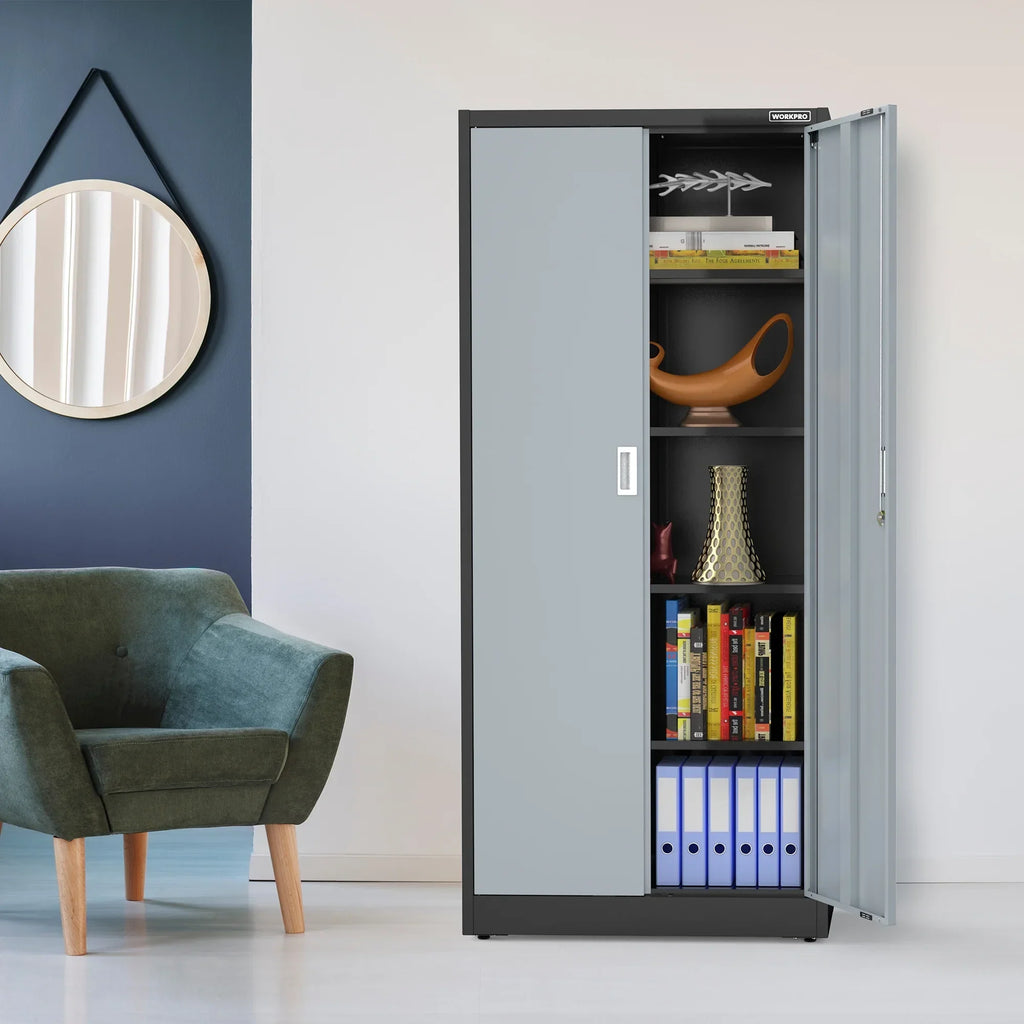 Nouveauté 2026 – Armoire de rangement métallique WORKPRO avec portes verrouillables et étagères réglables, hauteur 180 cm (71 pouces), idéale pour les outils, le bureau, la maison et les ateliers (noir), emballage soigné