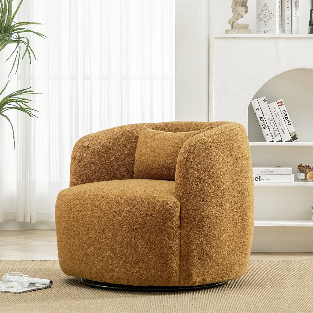 Nouveauté 2026 – Fauteuil pivotant rond 34" en bouclette de 86 cm de large, sans assemblage, avec coussin décoratif, idéal pour le salon et la chambre, couleur taupe