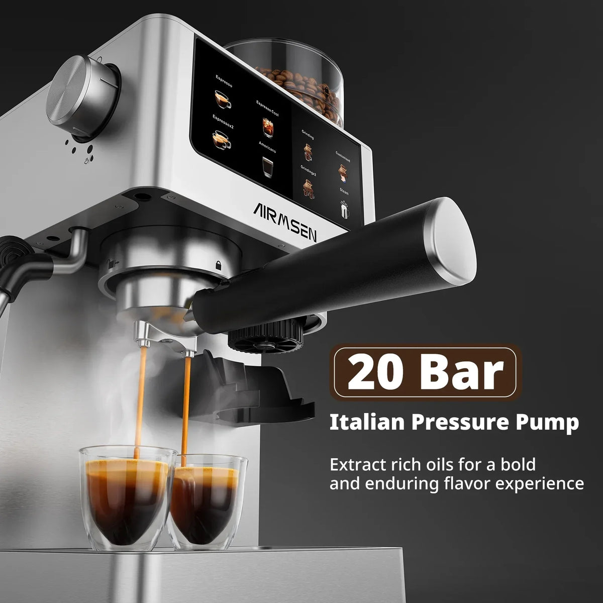 Nouveauté 2026 – Machine à expresso AIRMSEN avec broyeur intégré, permettant de personnaliser la mouture et le volume de café, idéale pour le cappuccino, le latte et l'americano. Finition en acier inoxydable brossé