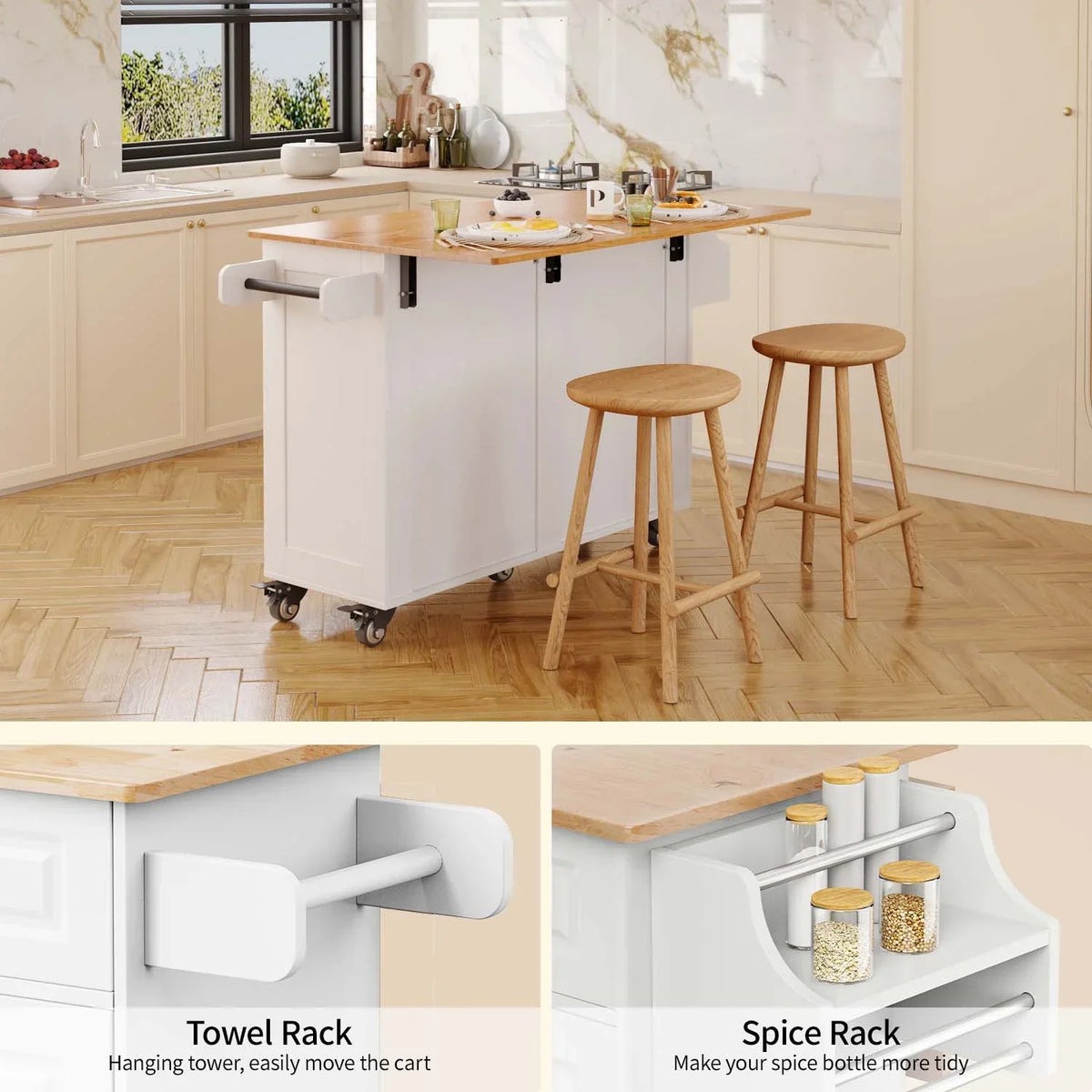 Nouveauté 2026 – Îlot de cuisine Lofka 52 pouces (132 cm) avec rangement sur roulettes et abattant en bois, idéal pour les petites cuisines
