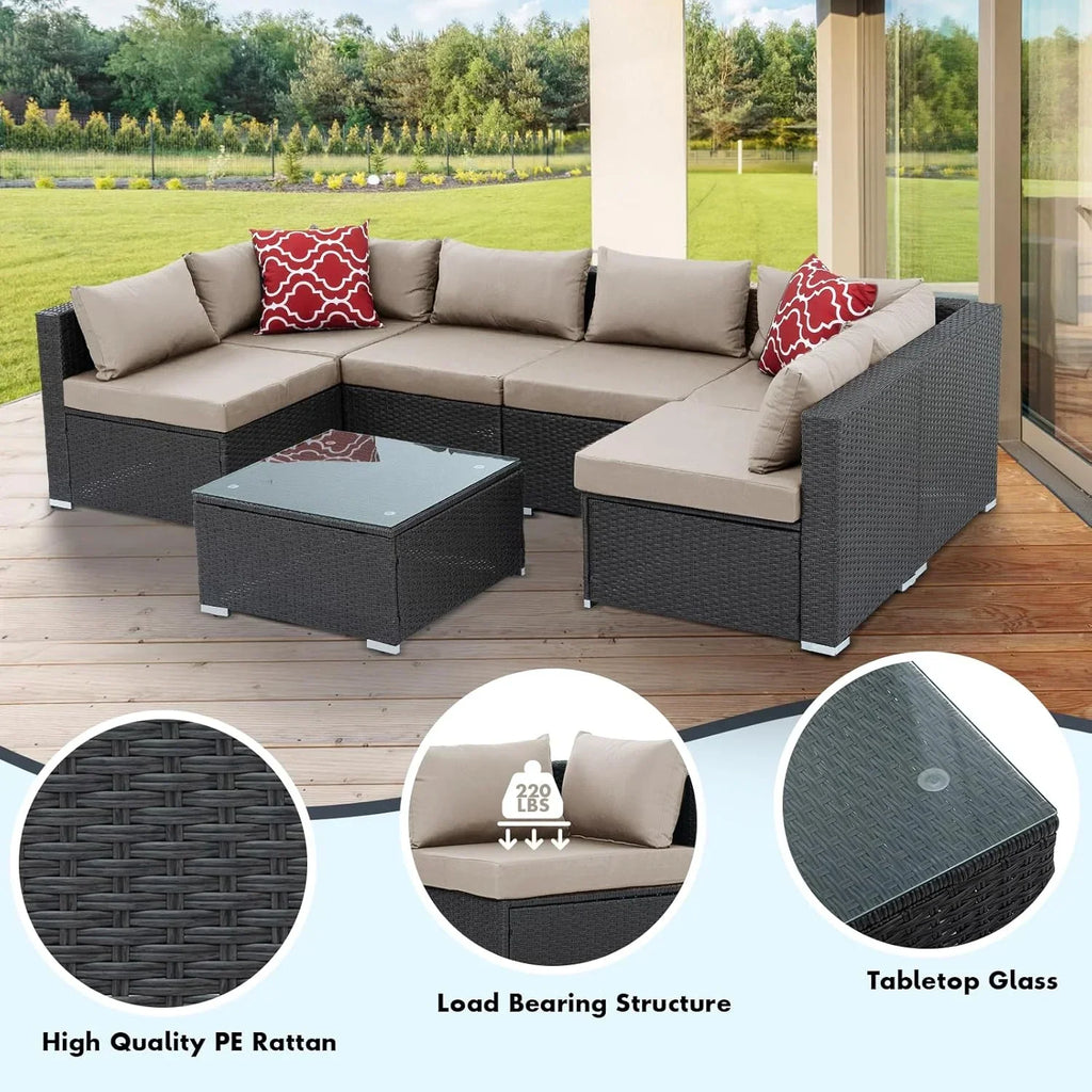 Nouveauté 2026 – Ensemble de mobilier de patio 7 pièces , canapé d'angle en rotin PE, ensemble de conversation avec coussins et table basse en verre, pour balcon, pelouse et jardin, gris