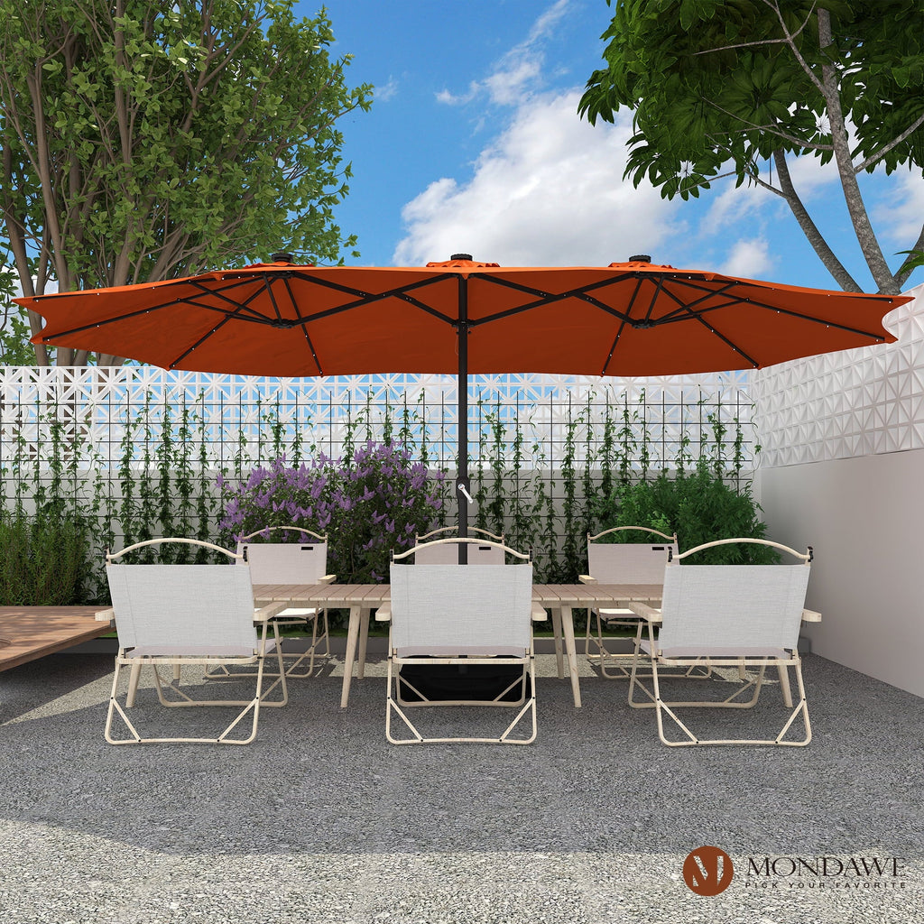 Nouveauté 2026 – Parasol rectangulaire Mondawe 4,57 m (15 pi) avec base et éclairage LED beige