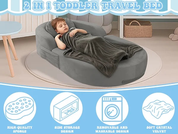 Nouveauté 2026 – Lit de voyage pour tout-petits Coumy 2-en-1 avec housse amovible, matelas pliable et portable en mousse souple, sac de transport inclus, bleu
