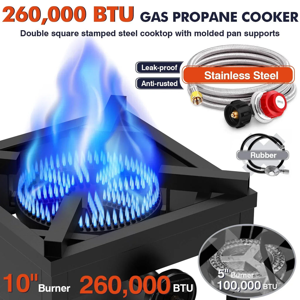 Nouveauté 2026 – Réchaud à gaz propane Frizi à 1 brûleur pour extérieur – 260 000 BTU, régulateur réglable 0-30 PSI et tuyau tressé en acier