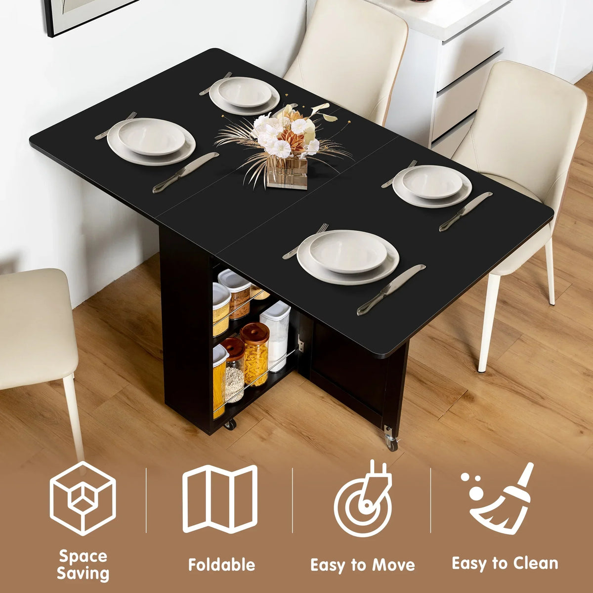 Nouveauté 2026 – Table de salle à manger pliante spanspace , table à abattants avec 6 roulettes et étagère de rangement à 2 niveaux, table gain de place pour petits espaces, table de cuisine pliante, blanche