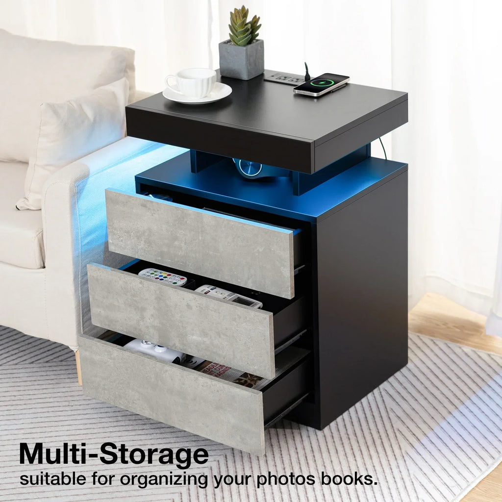 Nouveauté 2026 – Table de chevet LED Hommpa avec station de charge sans fil, ports USB Type-C, 3 tiroirs, finition laquée noire, style moderne et élégant, hauteur 68 cm (26,8 pouces). Idéale pour la chambre à coucher