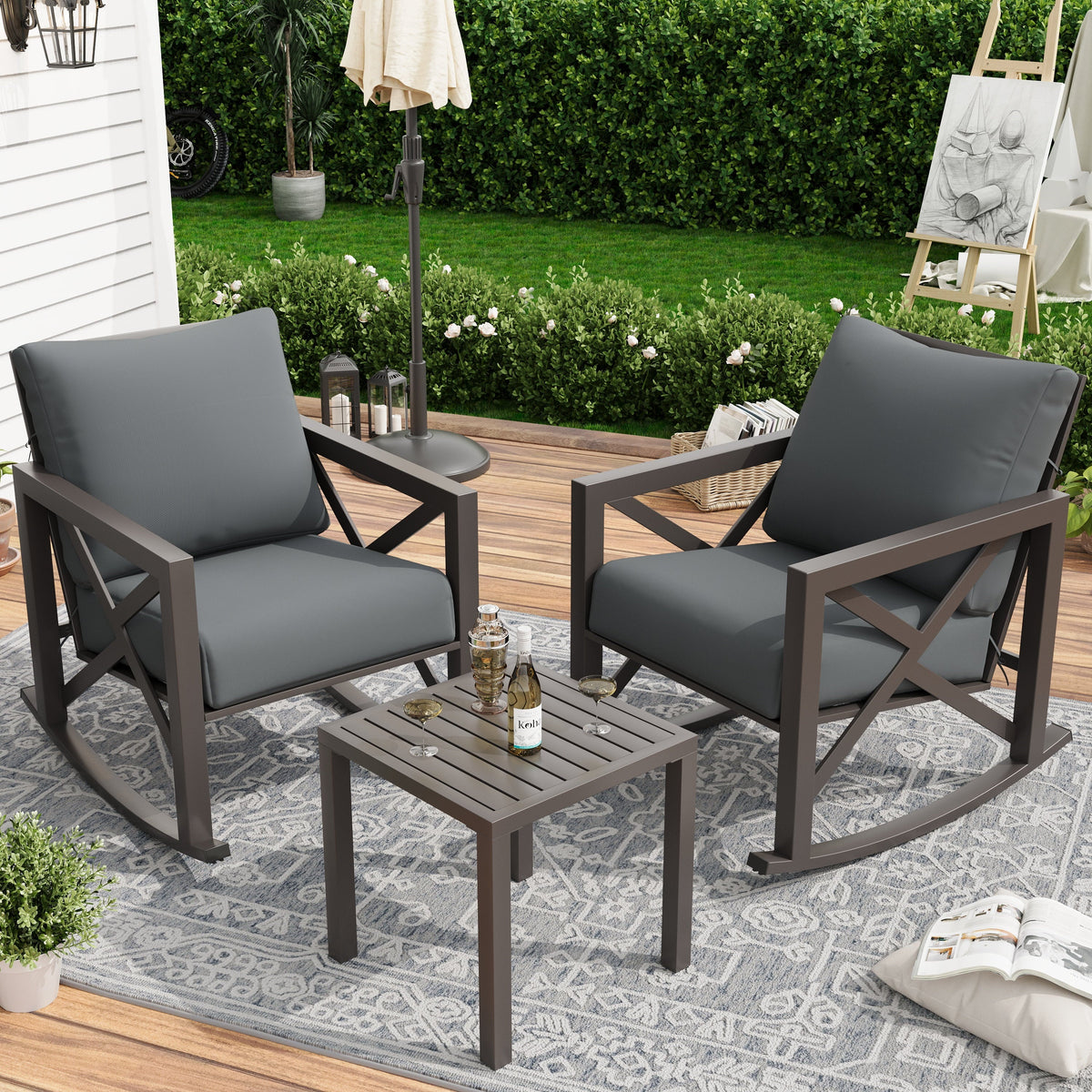 Nouveauté 2026 – Ensemble bistro MRUAKA , 3 pièces, comprenant 2 fauteuils à bascule et 1 table basse en métal avec coussins épais, idéal pour véranda, jardin ou bord de piscine, couleur beige