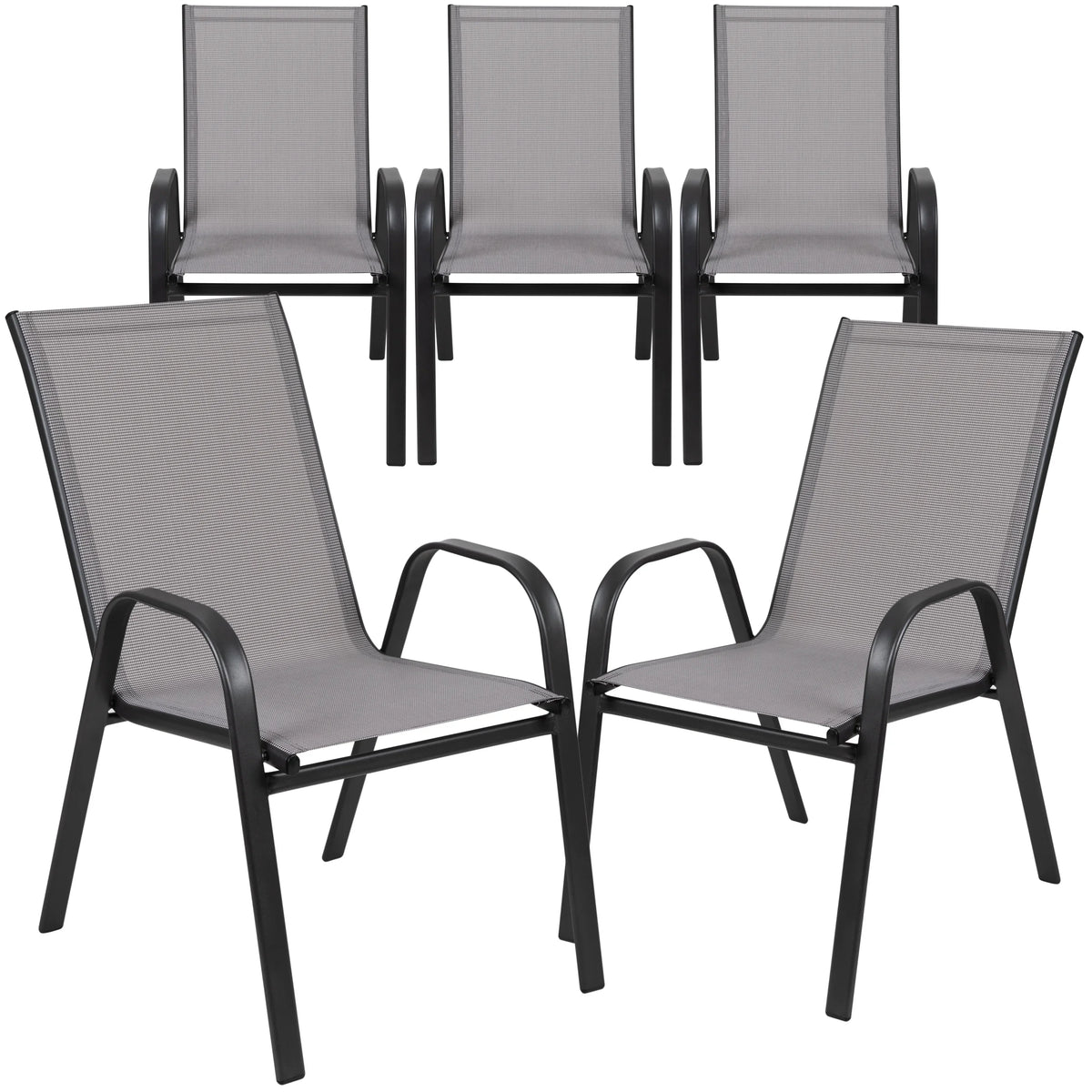 Nouveauté 2026 – Lot de 5 chaises empilables d'extérieur BizChair noires , revêtement Flex Comfort et structure en métal