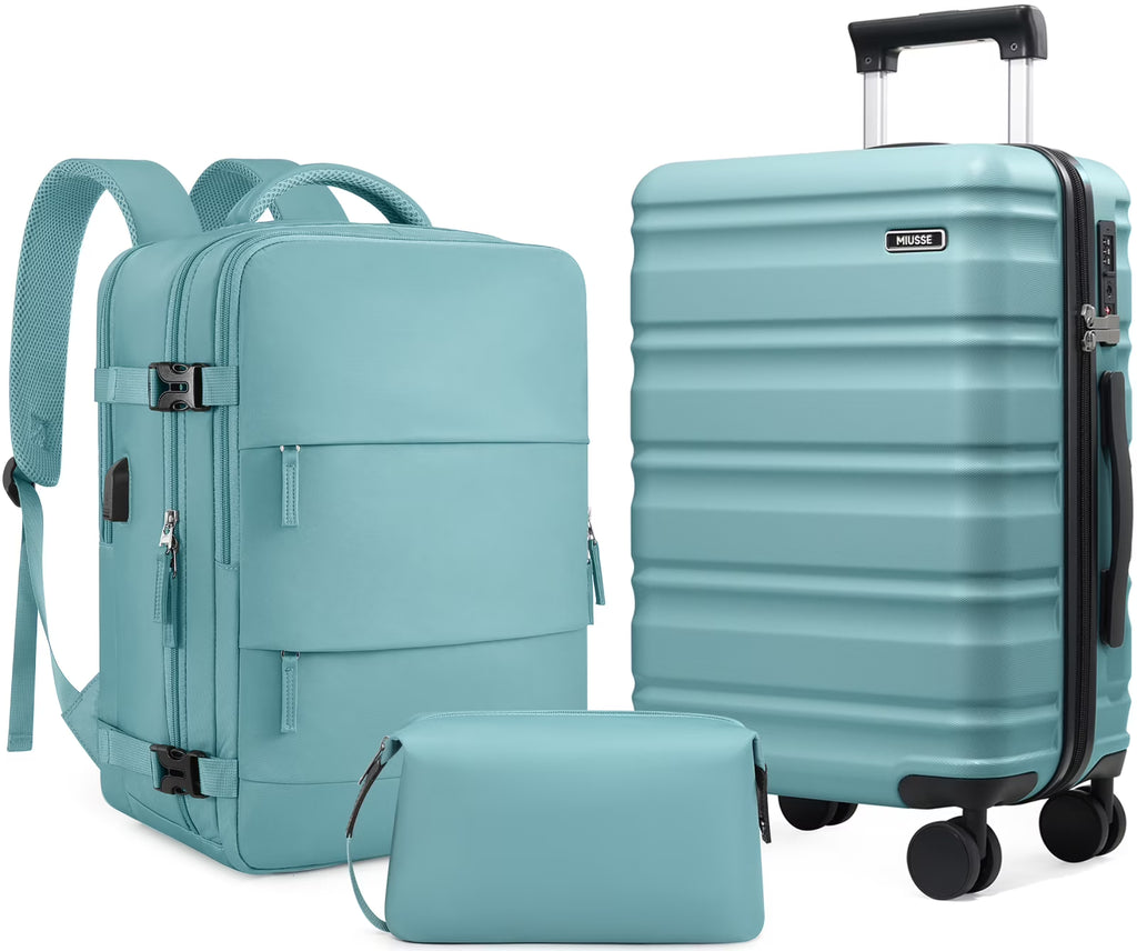 Nouveauté 2026 – Ensemble de bagages MIUSSE , 3 pièces : valise cabine 20 pouces à roulettes, coque rigide 100 % PC avec serrure TSA, conforme aux normes des compagnies aériennes, avec sac à dos de voyage pour hommes et femmes
