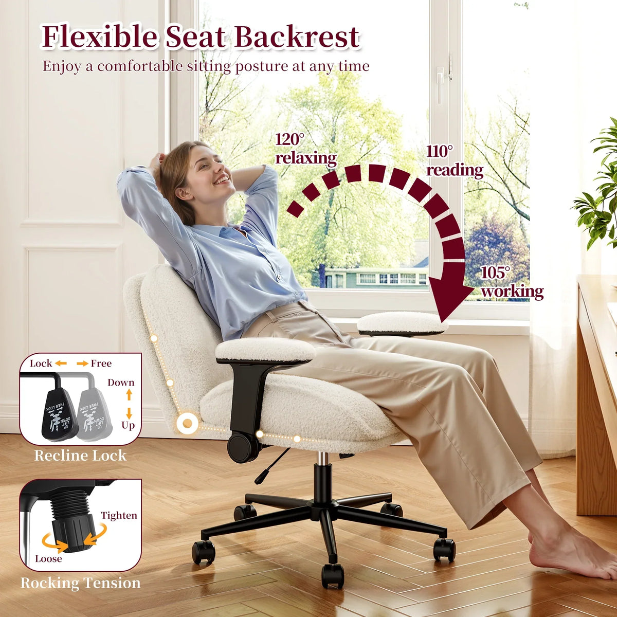 Nouveauté 2026 – Chaise de bureau Romorgniz Criss Cross avec accoudoirs réglables, soutien lombaire, dossier inclinable, coussin épais et roulettes. Idéale pour le bureau, les jeux vidéo, la lecture ou la coiffeuse. Couleur : blanc cassé